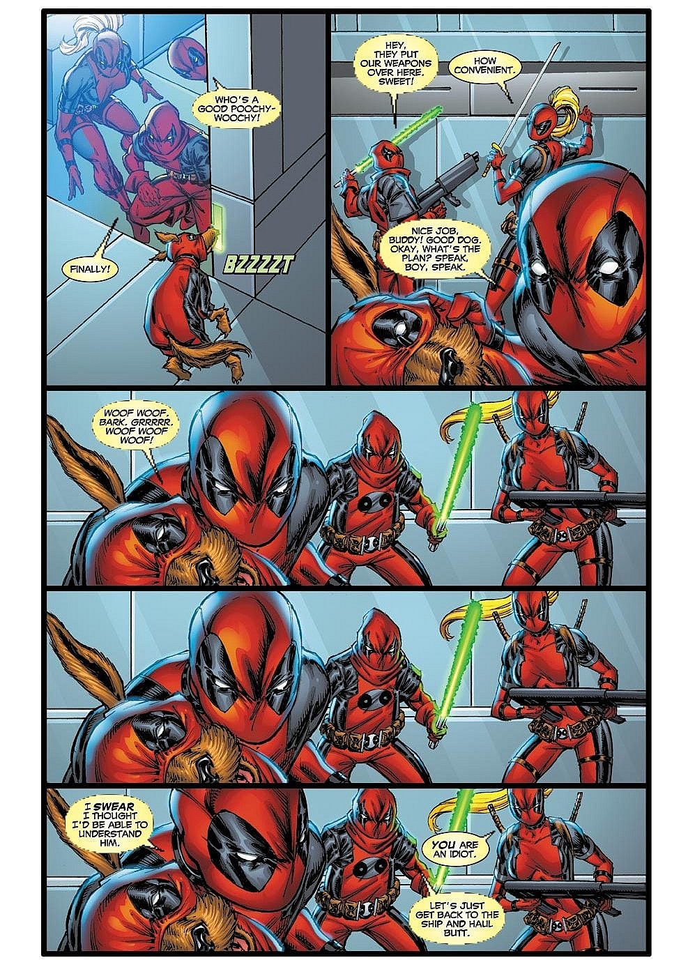 Deadpool fails to get through to Dogpool in Deadpool Corps Vol. 1 #5 (2010), Marvel Comics. Words by Victor Gischler, art by Rob Liefeld, Adelso Corona, Matt Yackey, and Clayton Cowles.