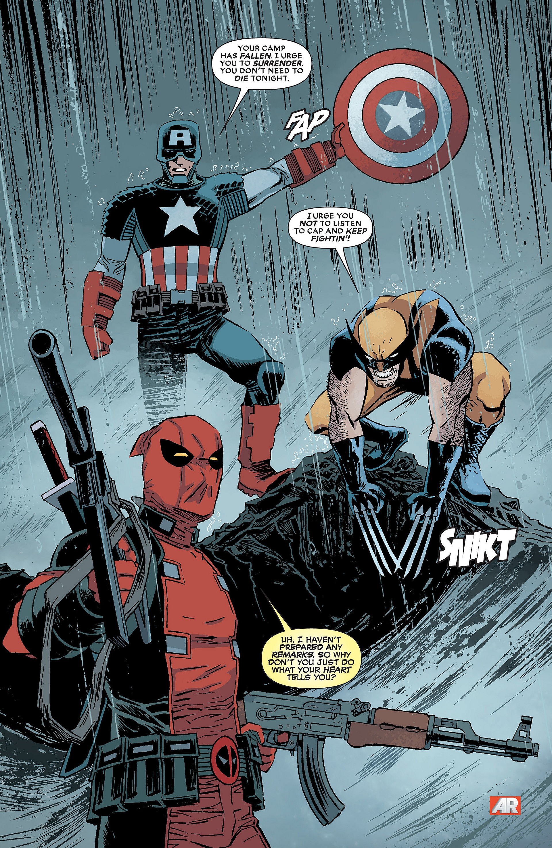 Captain America, Wolverine, and Deadpool prepare to unleash hell in Deadpool Vol. 5 #17 "The Good, the Bad, and the Ugly, Part 3 of 5" (2013), Marvel Comics. Words by Gerry Duggan and Brian Posehn, art by Declan Shalvey, Jordie Bellaire, and Joe Sabino.