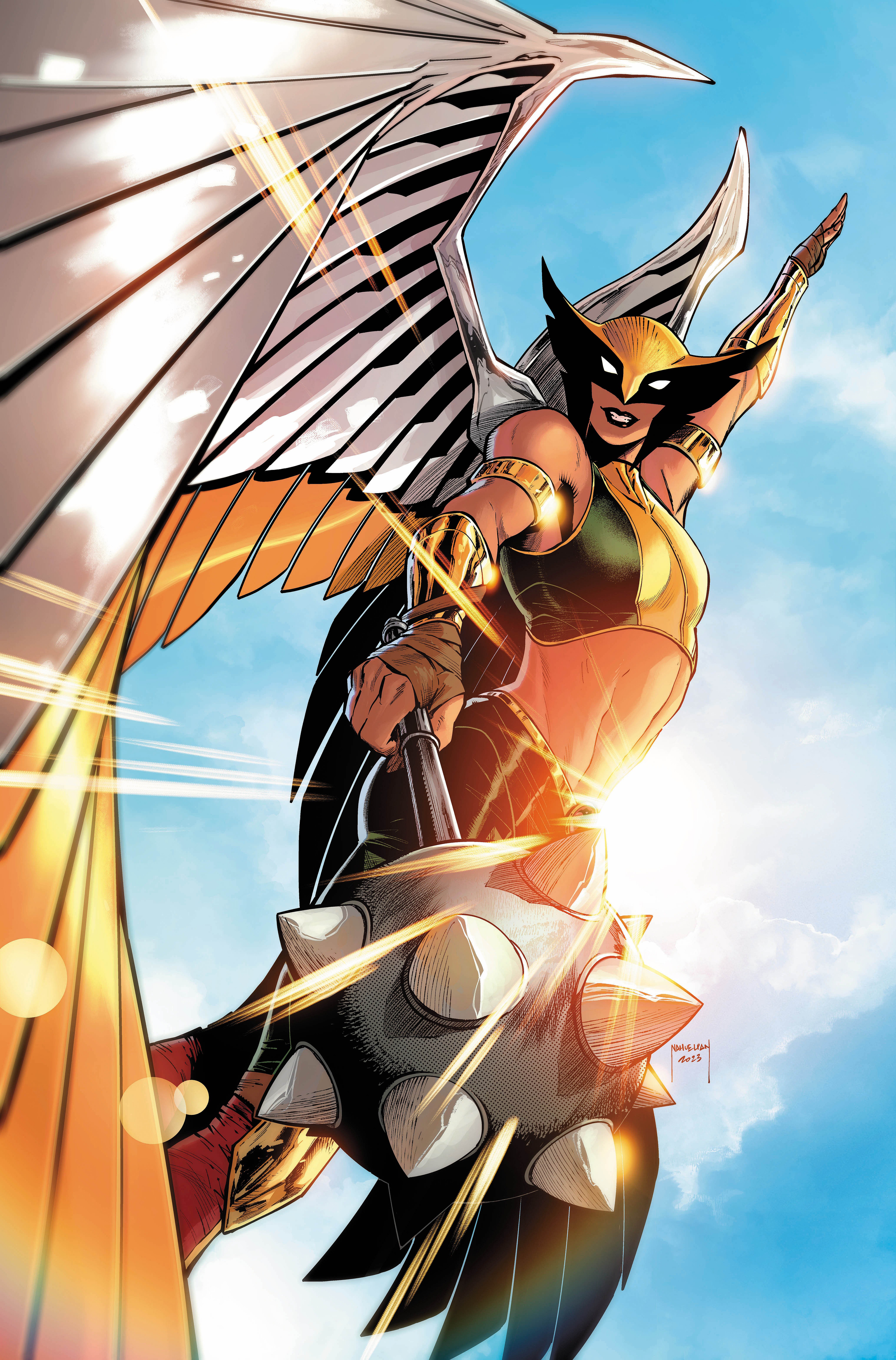 The winged heroine takes to the skies on Amancay Nahuelpan and Adriano Lucas' cover to Hawkgirl Vol. 2 #1 "Once upon a time..." (2023), DC
