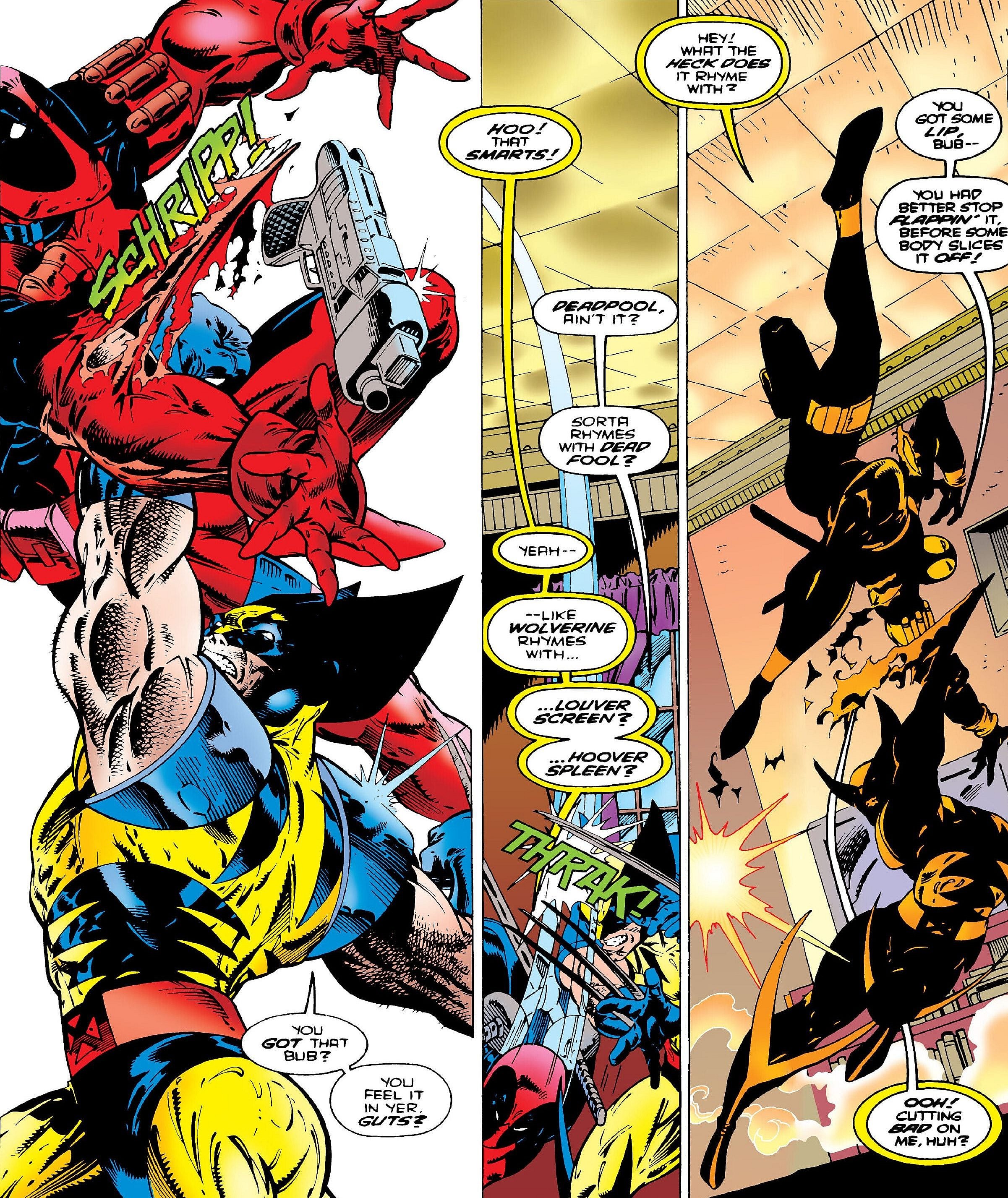 Wolverine and Deadpool come to blows for the first time in Wolverine Vol. 2 #88 (1994), Marvel Comics. Words by Larry Hama, art by Adam Kubert, Fabio Laguna, Mark Farmer, Tim Townsend, Marie Javins, and Pat Brosseau.