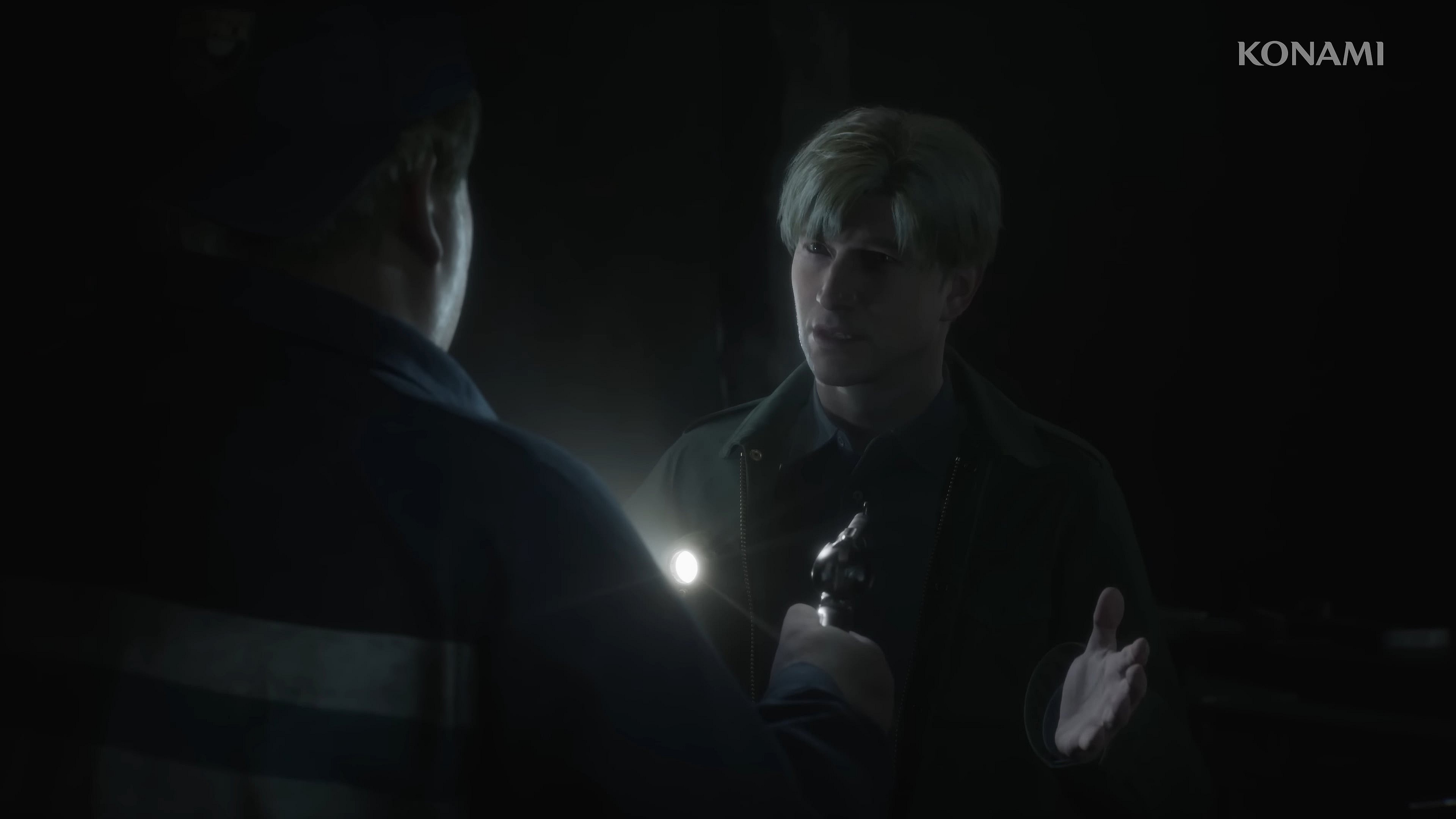 James Sunderland (TBA) finds himself held at gunpoint by Eddie Dombrowski (TBA) in Silent Hill 2 Remake (2024), Konami