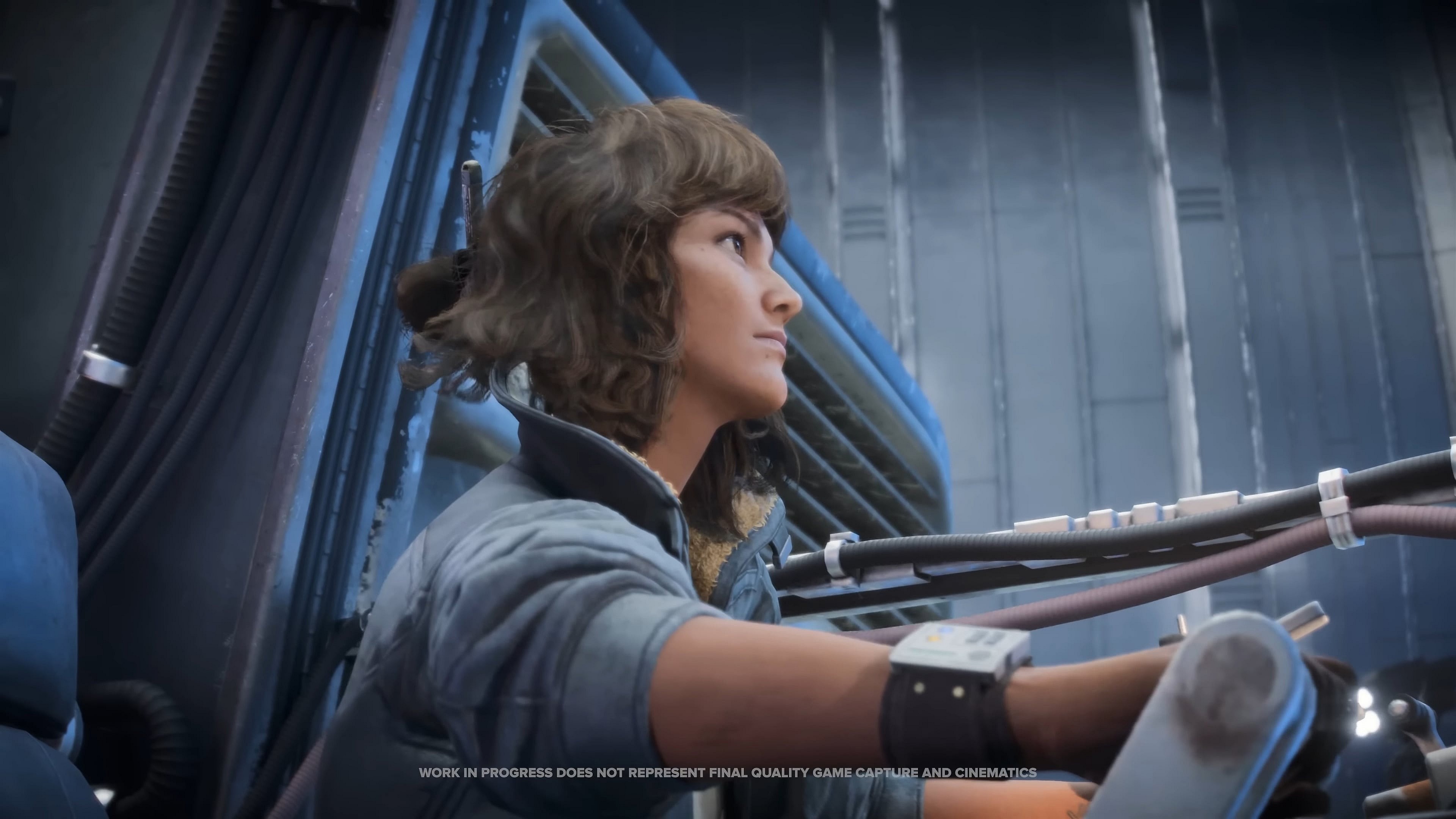 Kay Vess (Humberly González) prepares to take-off from inside an Imperial Star Destroyer in Star Wars Outlaws (2024), Ubisoft