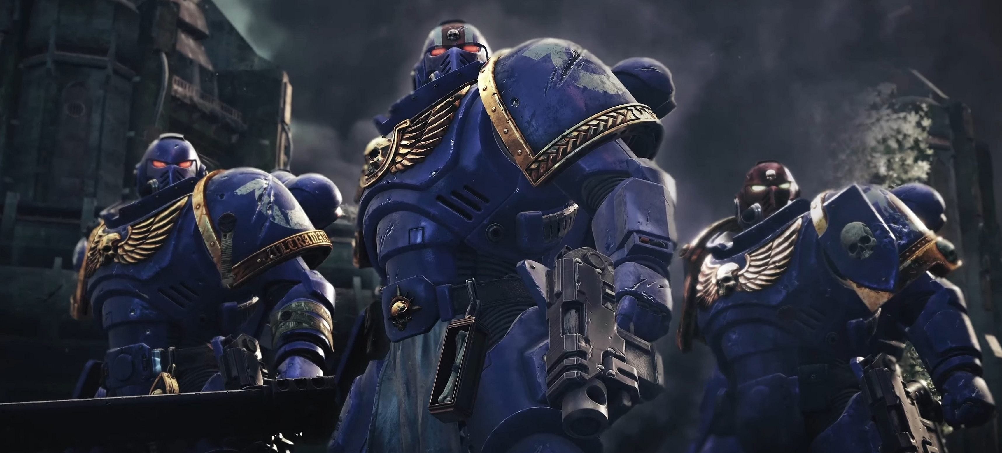 A trio of Ultramarines prepare to spared the word of the God-Emperor in Warhammer 40,000: Space Marine 2 (2024), Saber Interactive