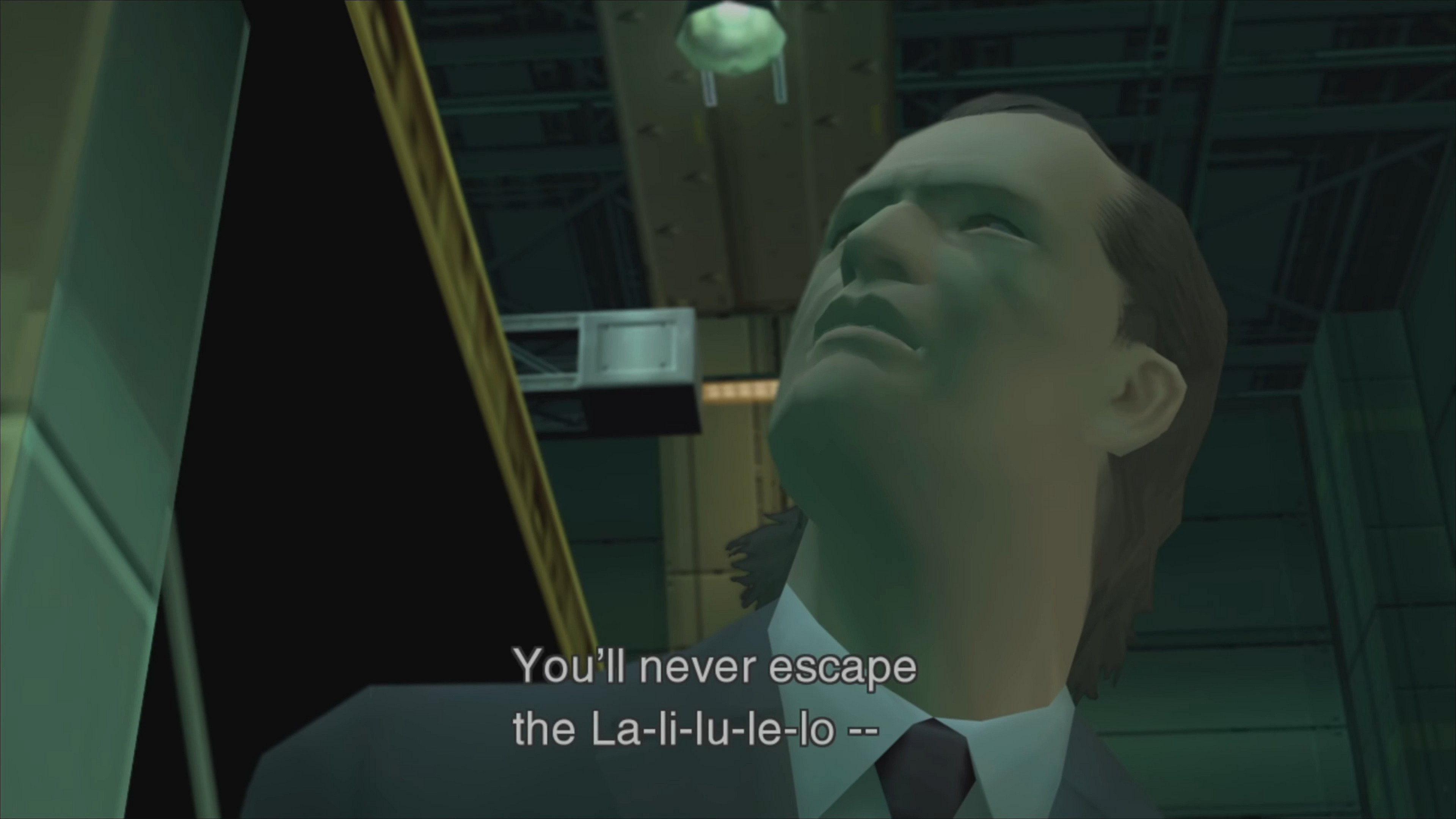 Richard Ames (Peter Renaday) refuses to give in to Revolver Ocelot's (Patric Zimmerman) demands in Metal Gear Solid 2: Sons of Liberty (2002), Konami