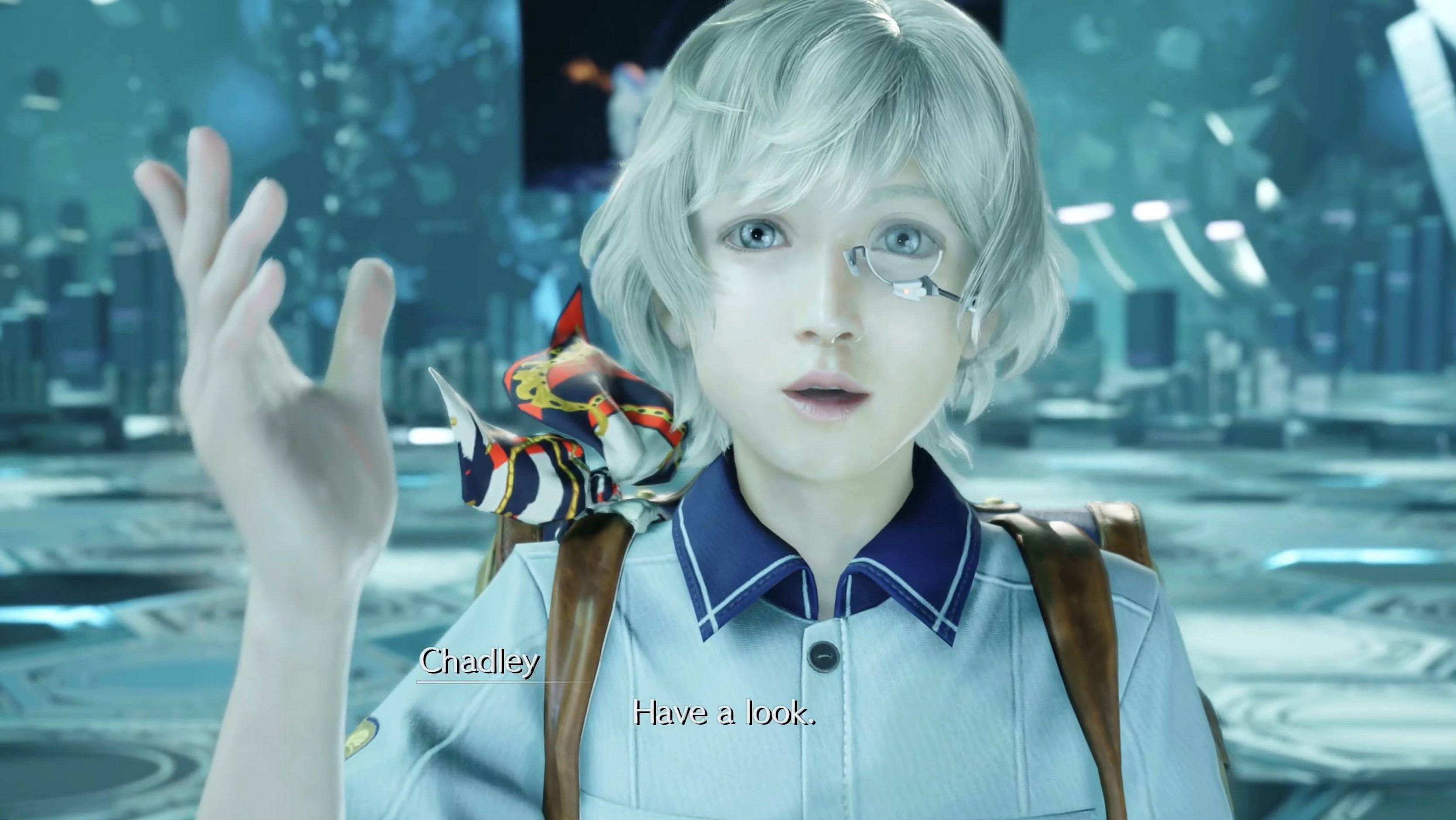 Chadley (Shuichiro Umeda) thanks Cloud (Takahiro Sakurai) for his assistance in Final Fantasy VII: Rebirth (2024), Square Enix