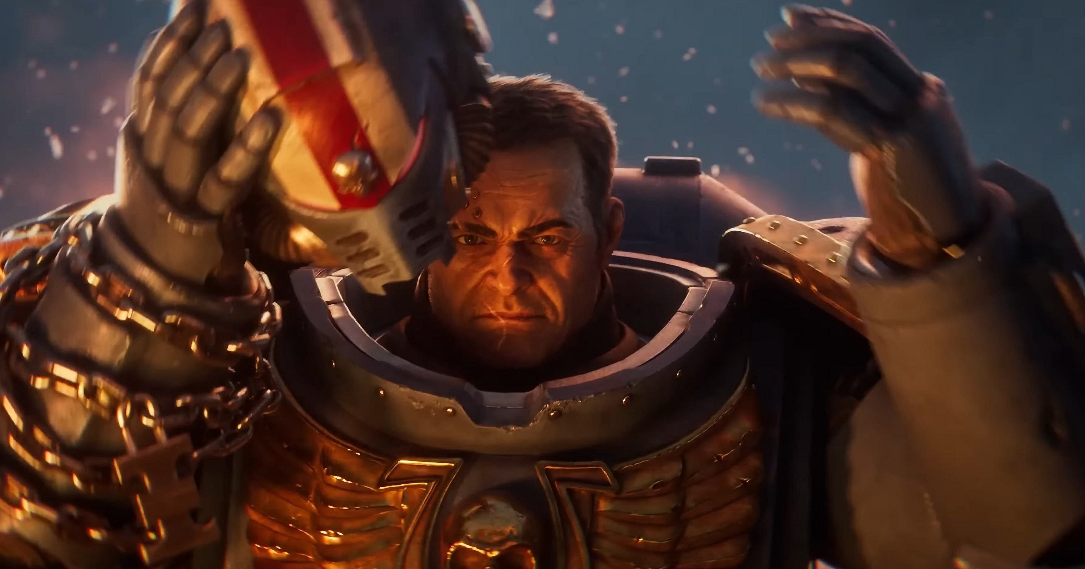 Titus (Clive Standen) dons his helmet in Warhammer 40,000: Space Marine 2 (2024), Saber Interactive