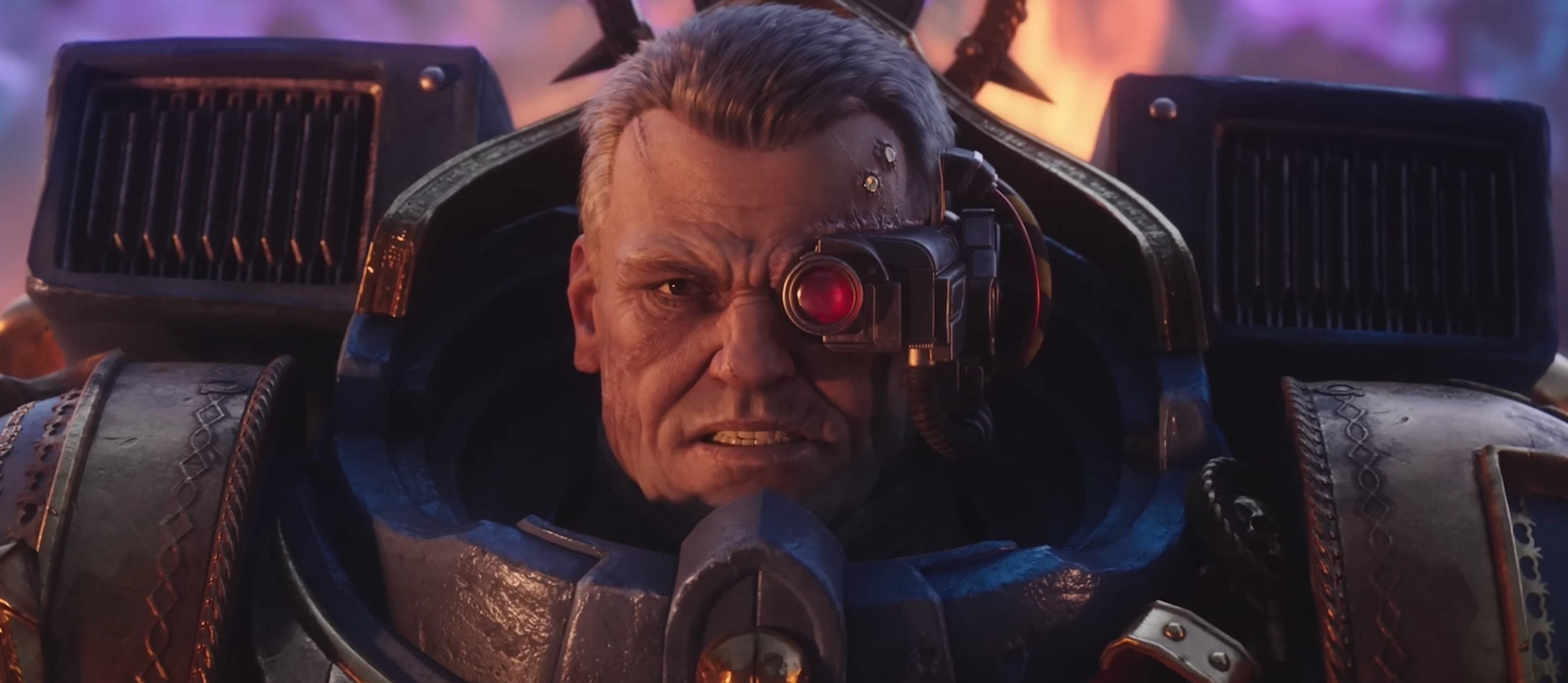Marneus Calgar (Stewart Scudamore) arrives on the battlefield in Warhammer 40,000: Space Marine 2 (2024), Saber Interactive