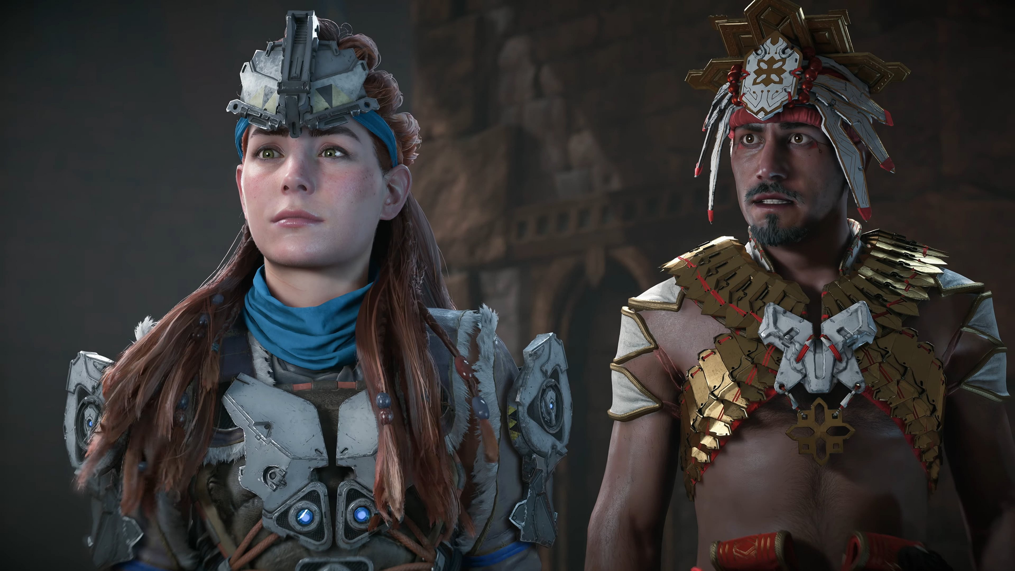 Aloy (Ashly Burch) and Nil (Alex Lanipekun) survey the landscape in Horizon Zero Dawn Remastered (2024), Guerilla Games