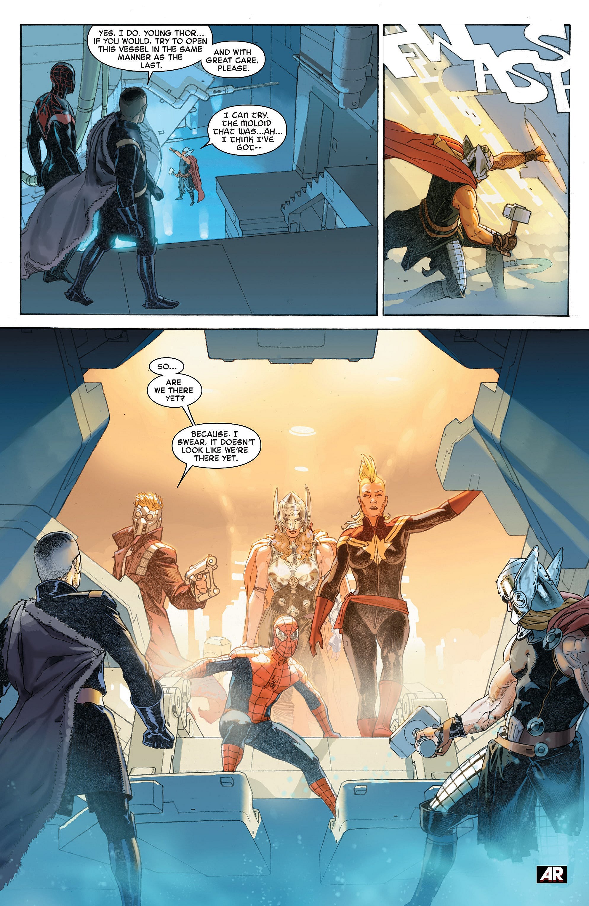 The heroic survivors of the previous universe emerge into Battleworld in Secret Wars Vol. 1 #3 "The Eye of Doom" (23015), Marvel Comics. Words by Jonathan Hickman, art by Esad Ribić, Ive Svorcina, and Chris Eliopoulos.