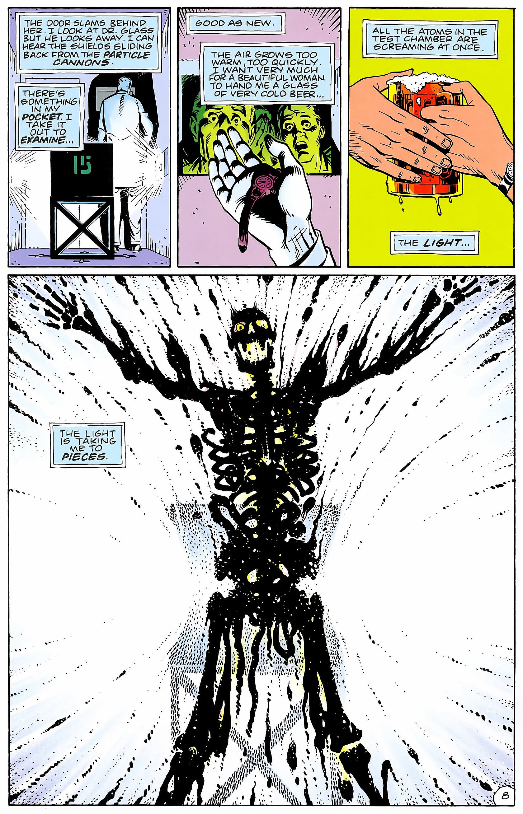 Doctor Manhattan is born in Watchmen Vol. 1 #4 "Watchmaker" (1986), DC. Words by Alan Moore, art by Dave Gibbons and John Higgins.