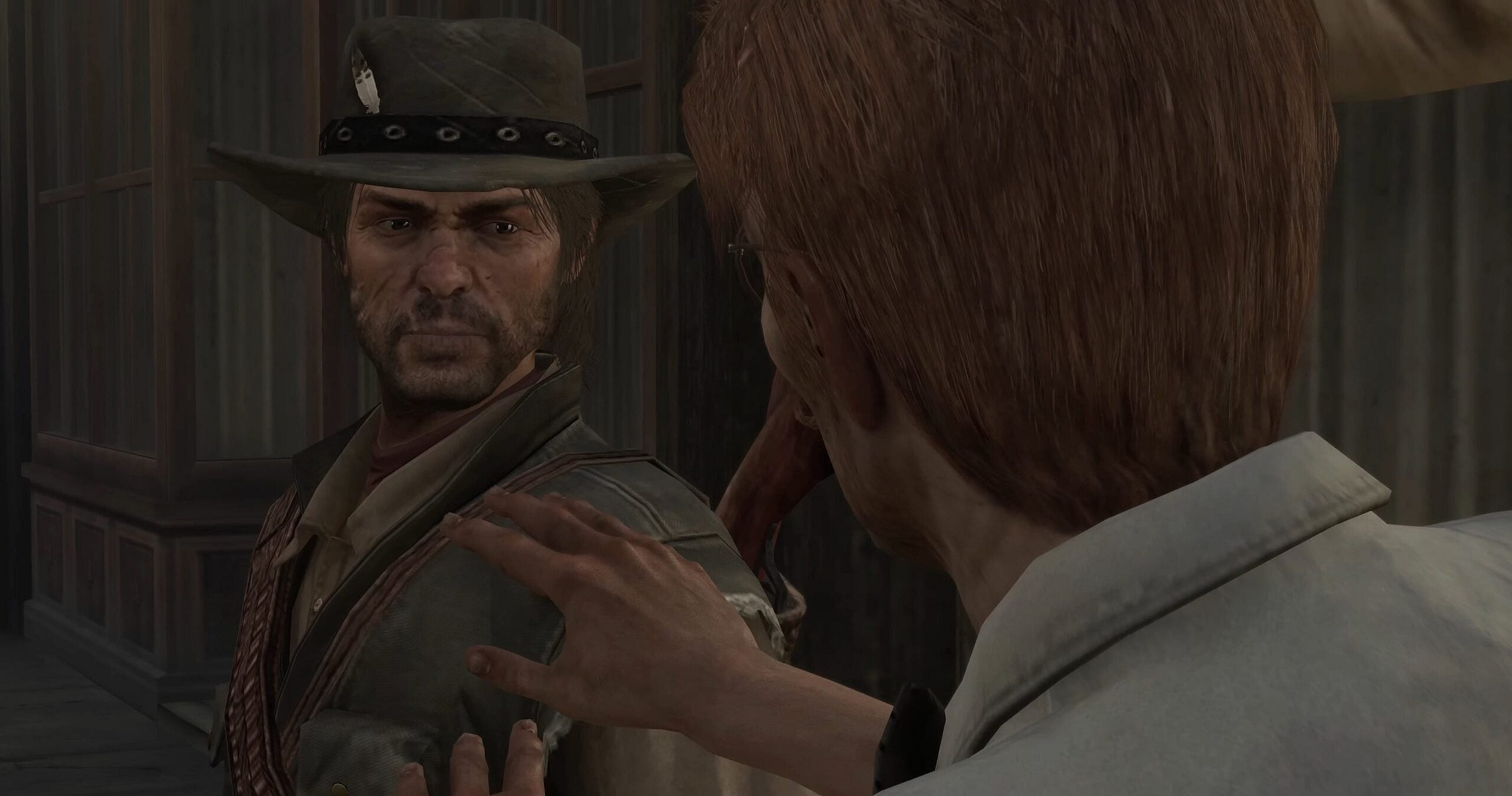 Harold McDougal (Joe Ochman) asks John Marston (Rob Wiethoff) for help in Red Dead Redemption: Undead Nightmare (2010),