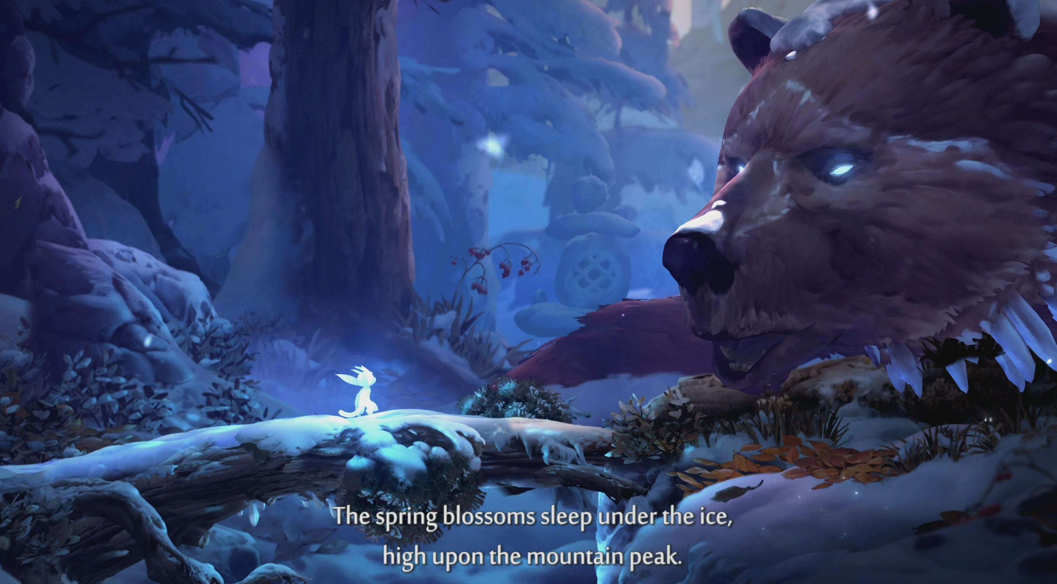 Ori (Andrew Lackey) receives directions from Baur (Patrick Seitz) in Ori and the Will of the Wisps (2020), Moon Studios