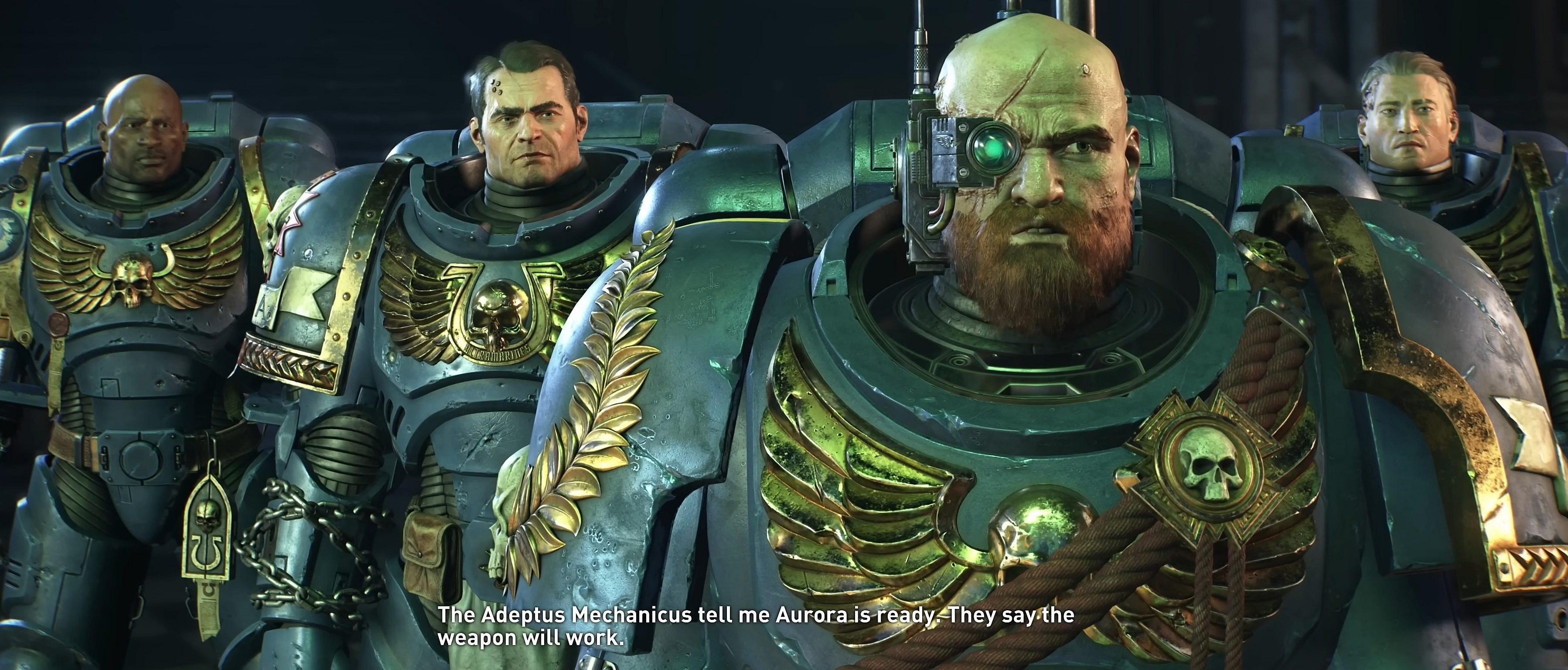 Chairon (Miles Yekinni) Titus (Clive Standen), Sevastus (Adam McNamara), and Gadriel (Arthur Lee) prepare to move out in  Warhammer 40,000: Space Marine 2 (2024), Saber Interactive