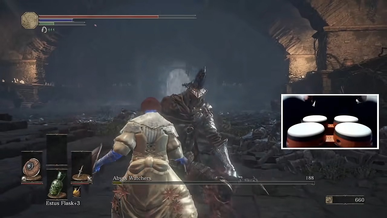 ZeroLenny soloing the Abyss Watchers with a DK Bongo setup in Dark Souls 3 (2016), Bandai Namco.