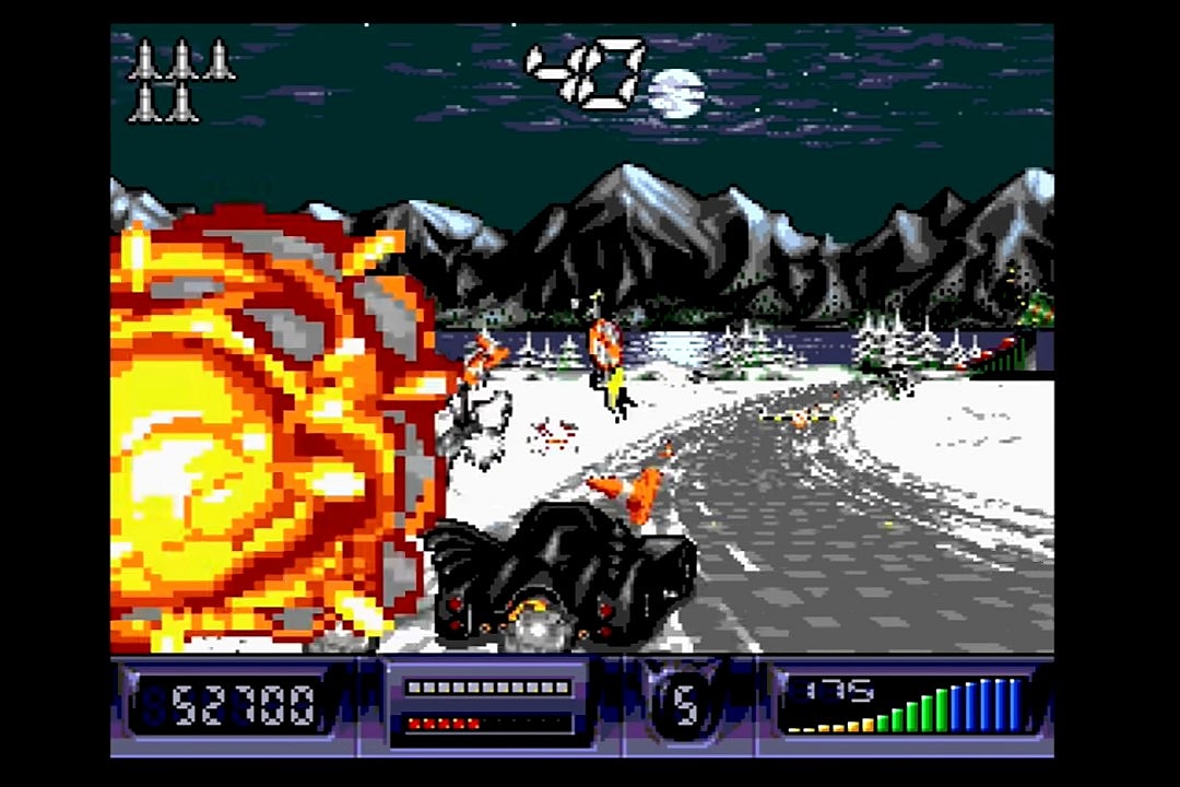 Batman taking part in the American pastime of running bikers off the road in Batman Returns (1992), Sega.