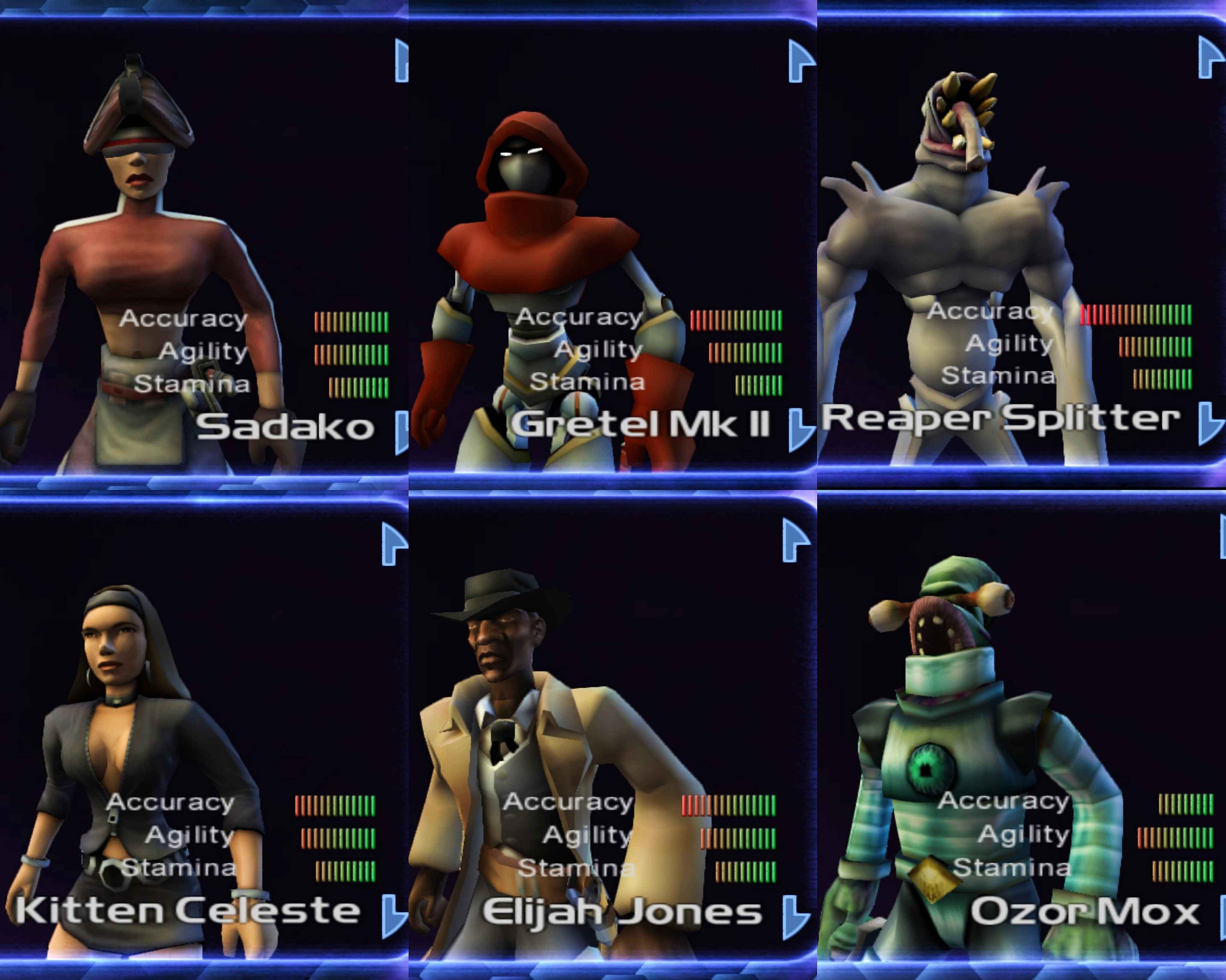 In order from top right to bottom left Sadako, Gretel Mk II, Reaper Splitter, Kitten Celeste, Elijah Jones, and Ozor Mox in TimeSplitters 2 (2002), Eidos Interactive.