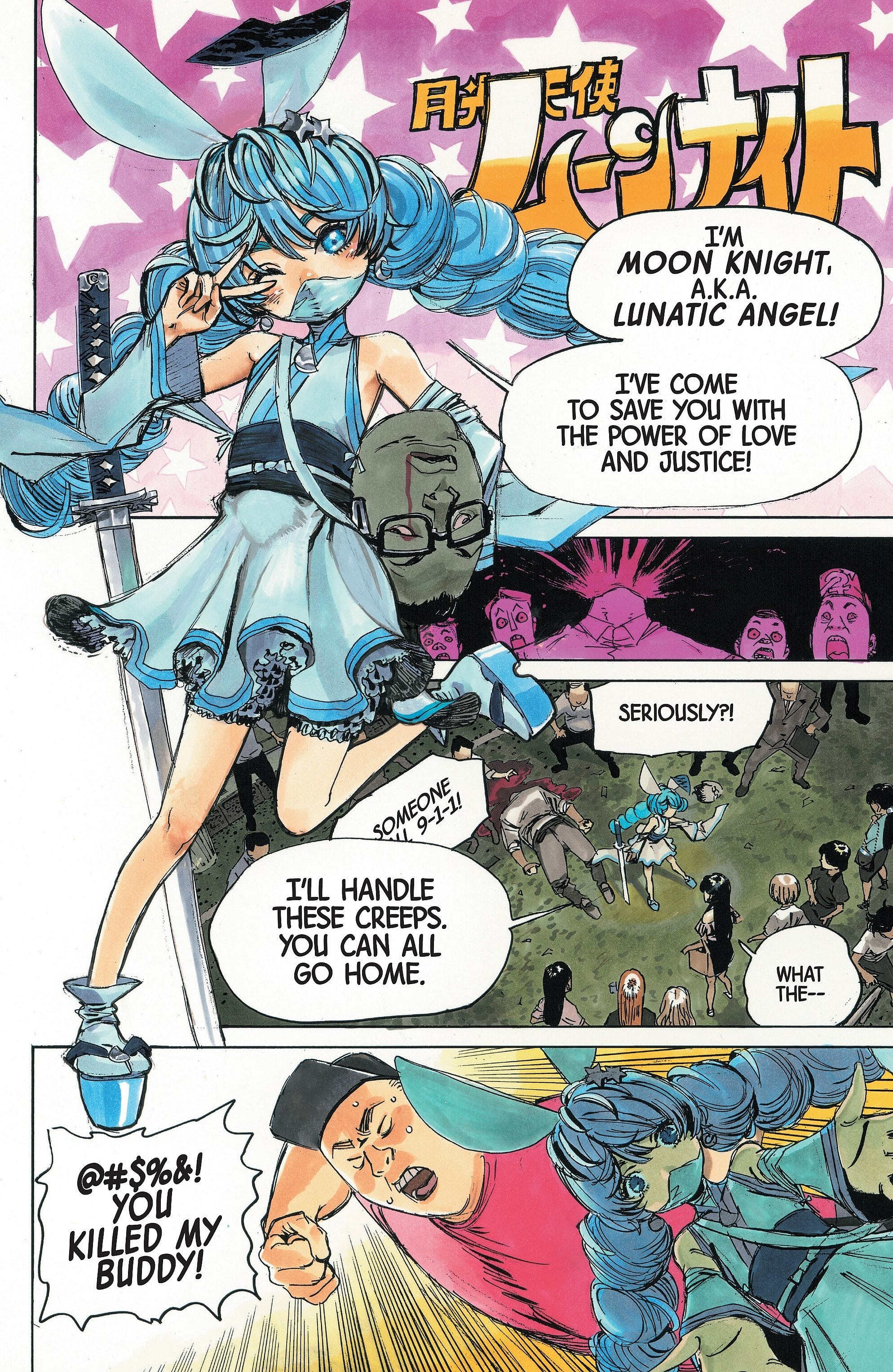 Moon Knight-chan arrives to protect the innocent in Phases of the Moon Knight Vol. 1 #3 "Moon Knight-chan" (2024), Marvel Comics. Words and art by Yuji Kaku.
