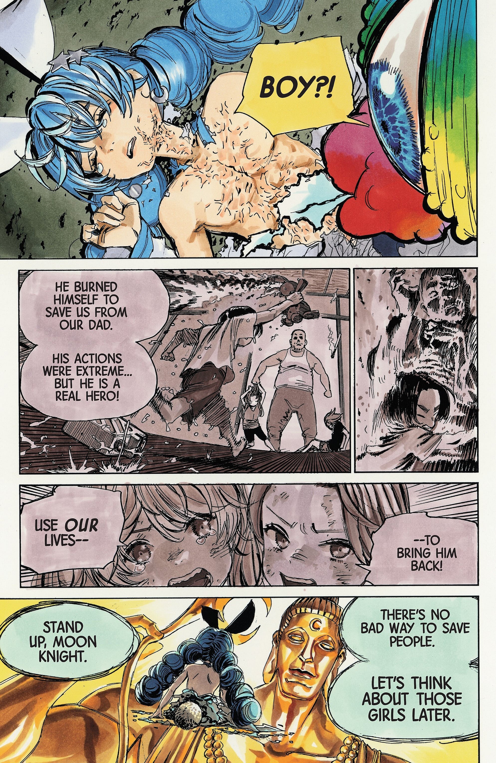 The enemy kaiju discovers that Moon Knight-chan is a boy in Phases of the Moon Knight Vol. 1 #3 "Moon Knight-chan" (2024), Marvel Comics. Words and art by Yuji Kaku.