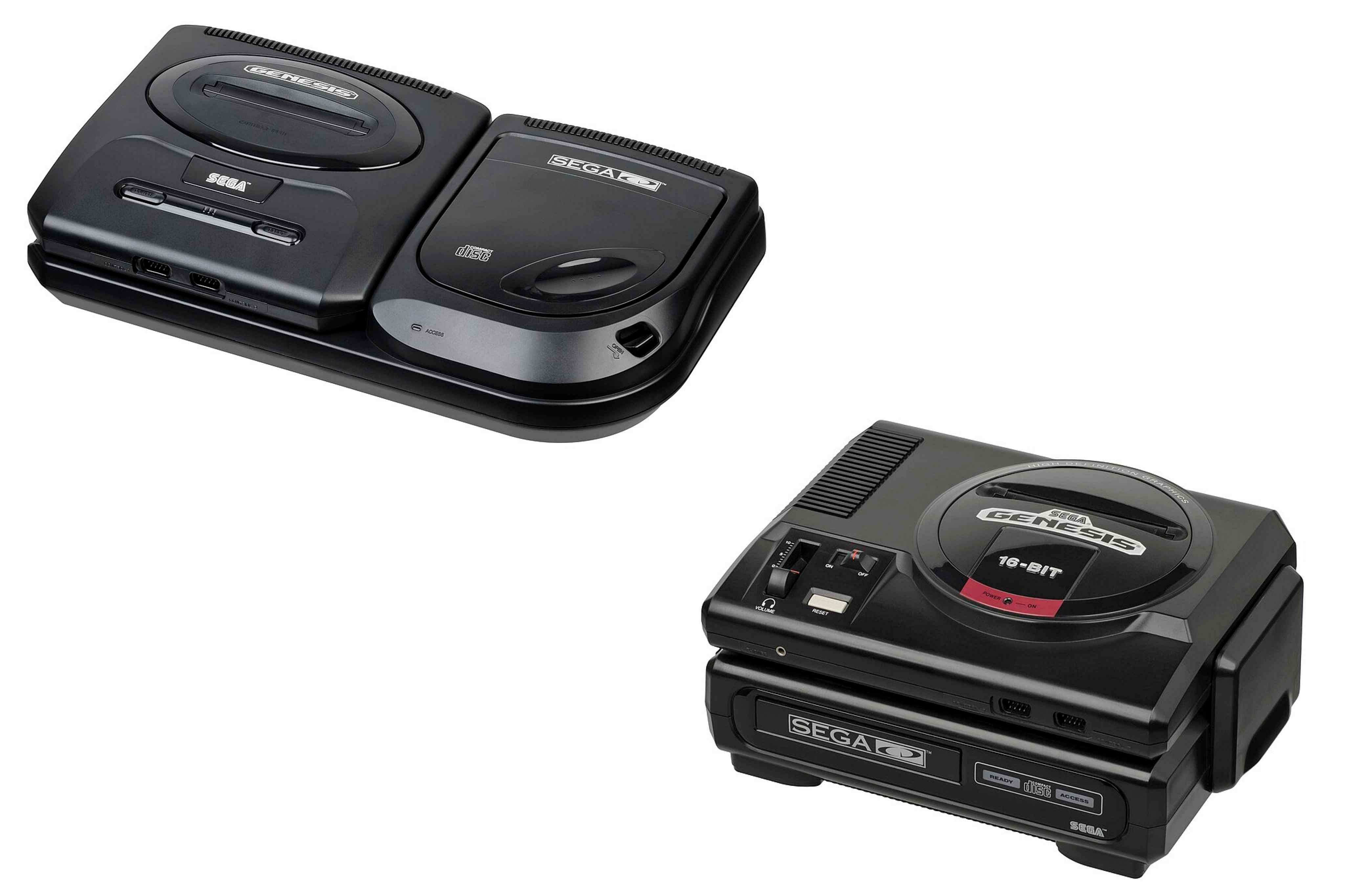 Right: Model 2 Sega CD attached to Model 2 Genesis. Left: Original Sega Genesis mounted atop an original Sega CD. Via Evan Amos, Wikipedia.