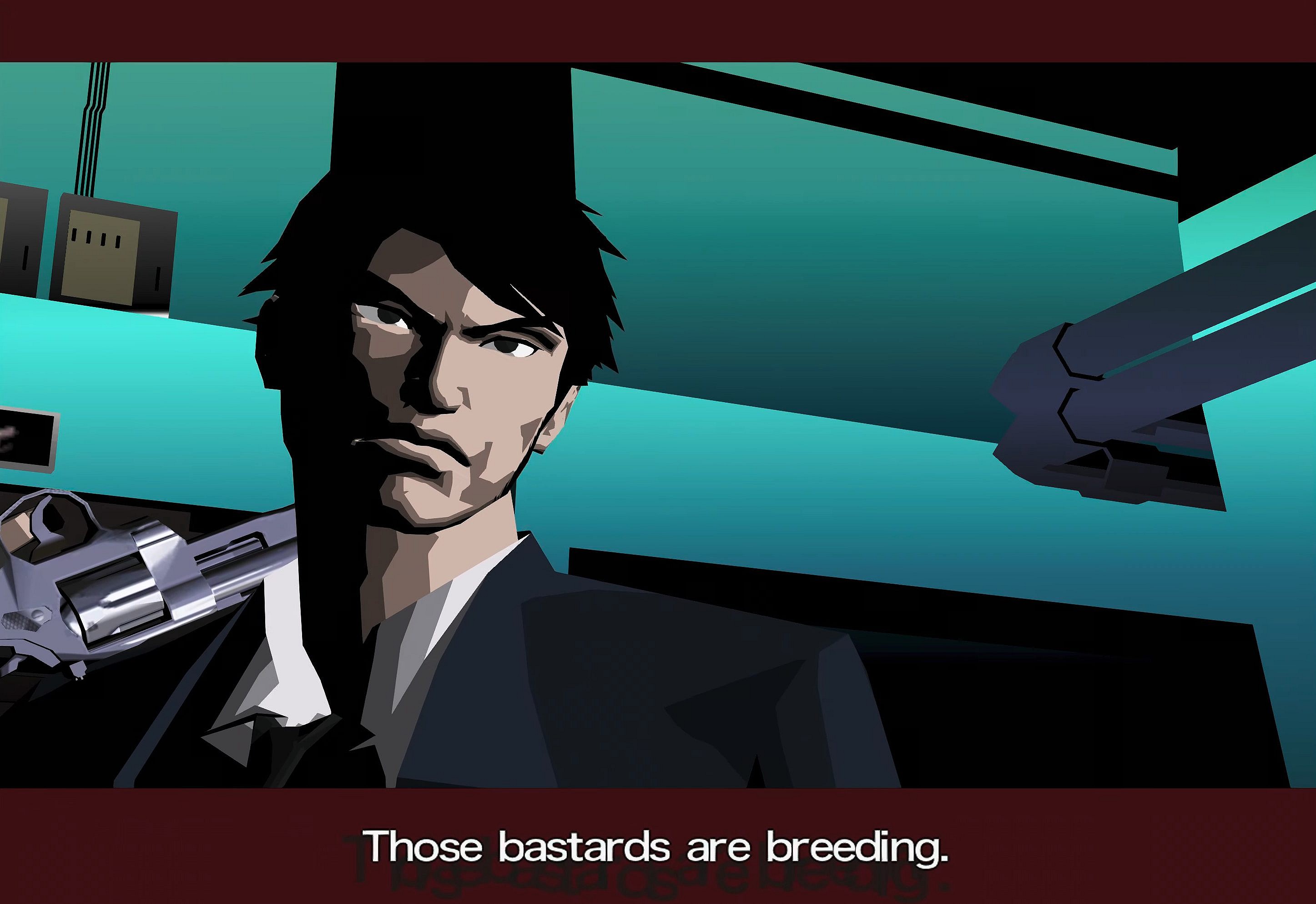 Dan Smith (Michael Gough) realizes the demonic members of Heaven Smile won't go down easily in killer7 (2005), Grasshopper Manufacture