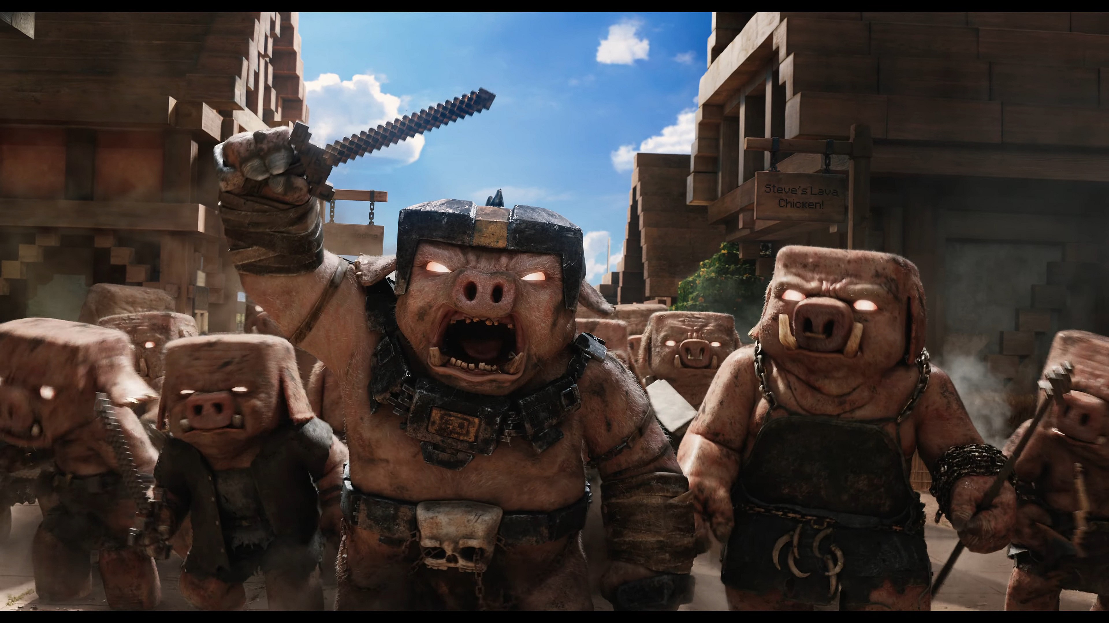 A group of Piglins prepare for battle in Minecraft (2025), Warner Bros. Pictures