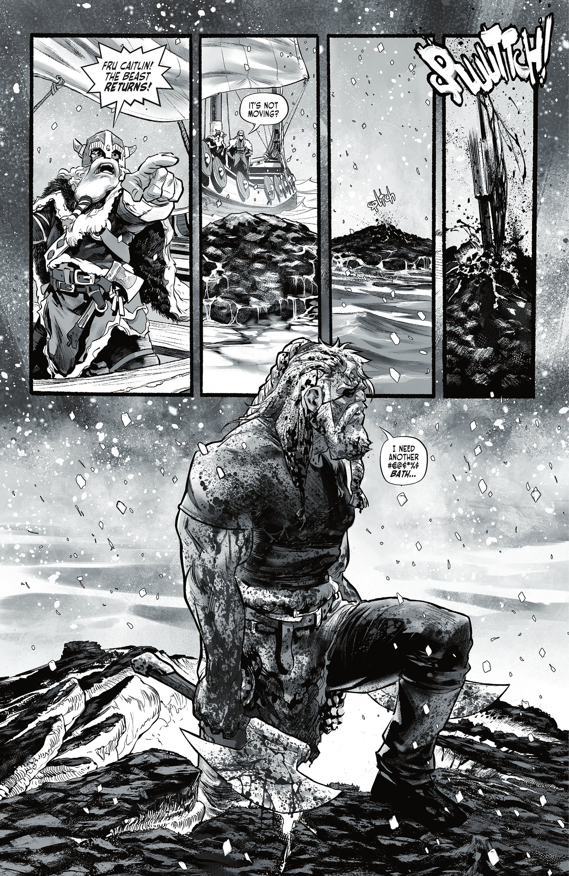 The Deathstroke emerges victorious from the belly of the Kraken in Dark Knights of Steel: Allwinter Vol. 1 #1 "Chapter One: The Deathstroke" (2024), DC. Words by Jay Kristoff, art by Tirso Cons and Wes Abbott.