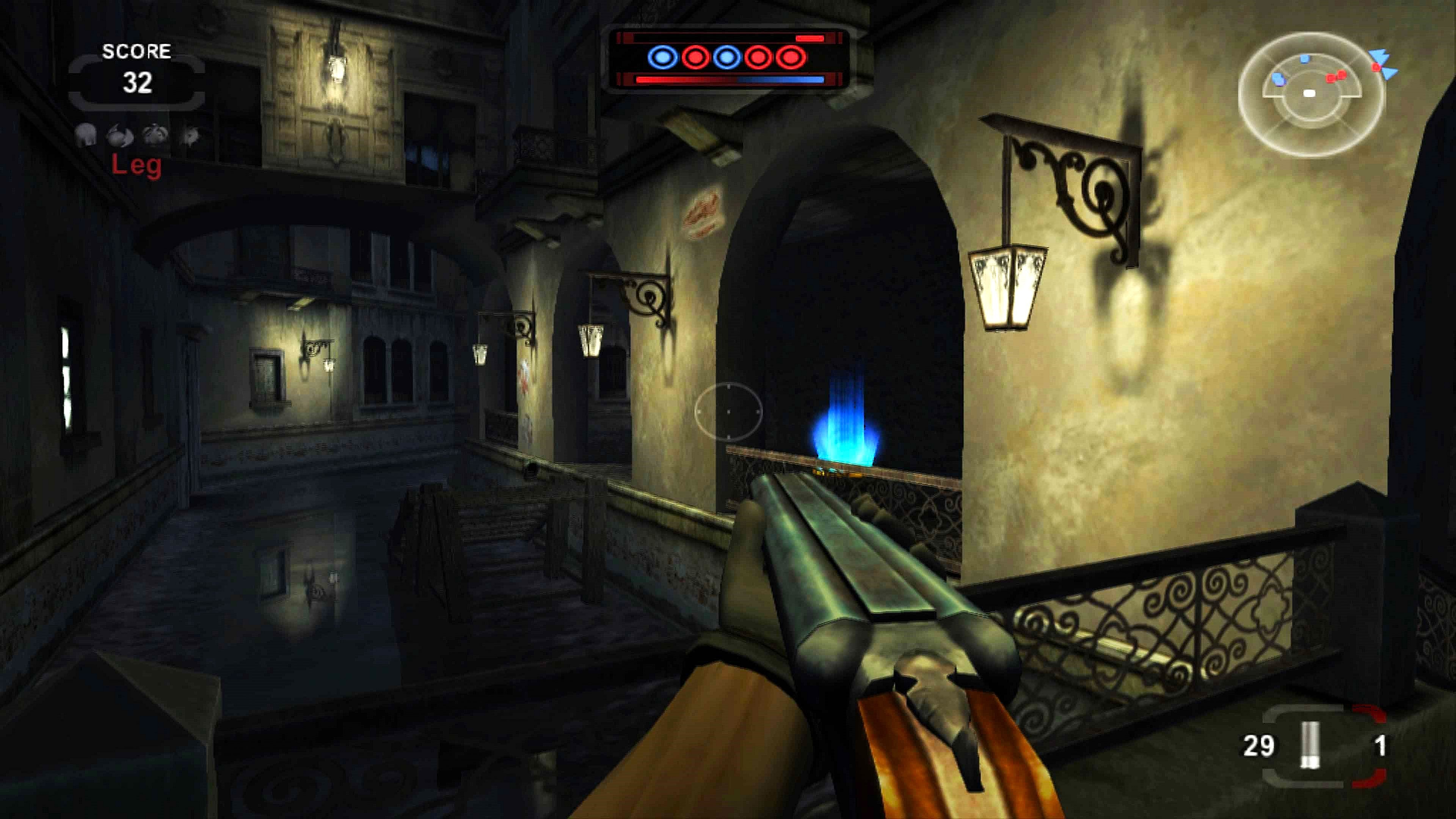 The player wielding a double barrel shotgun in a game of zone in Venice in TimeSplitters: Future Perfect 2005, Electronic Arts.