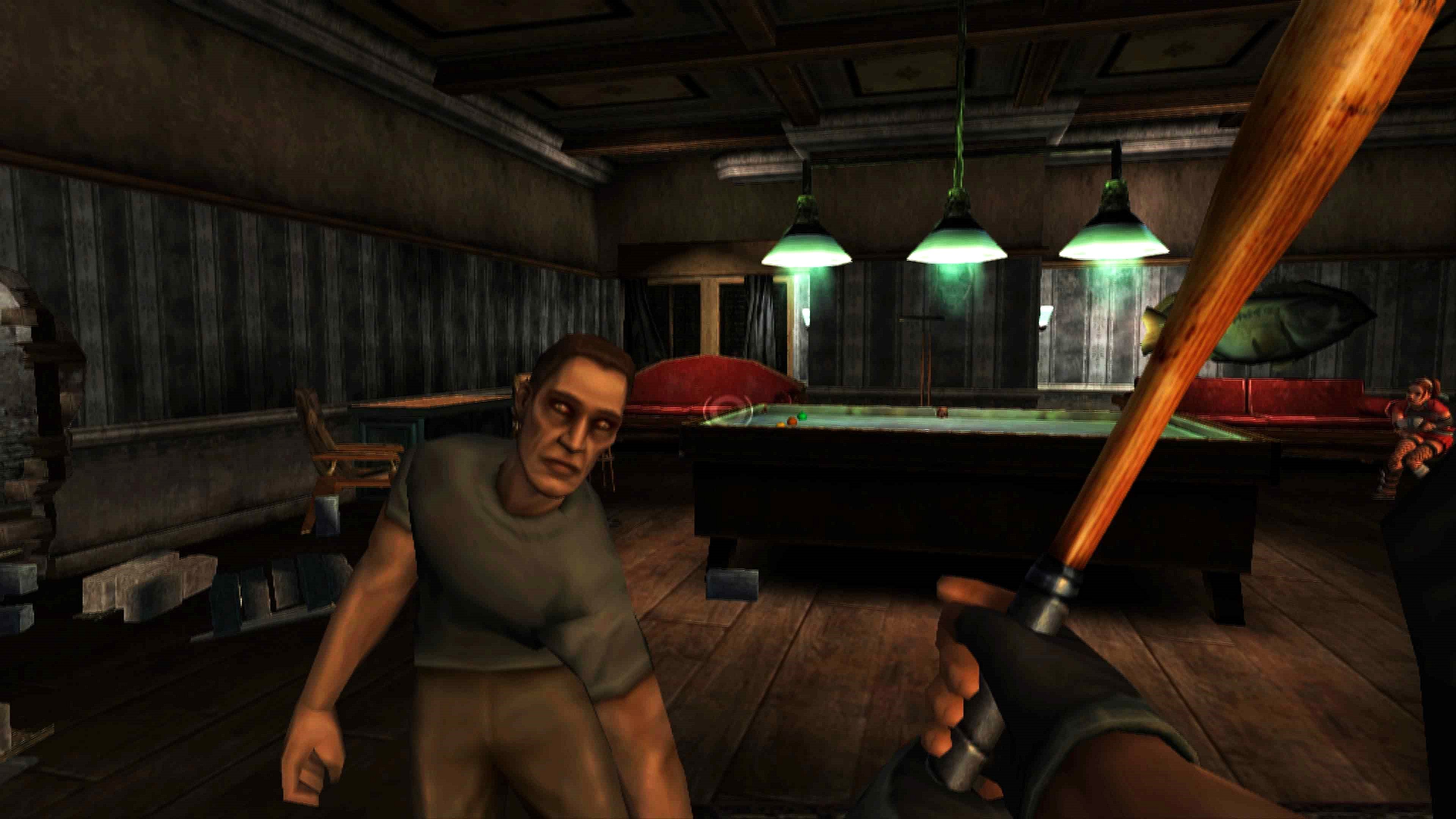 The player knocking around a Zombie in fan favorite level "Mansion of Madness" in TimeSplitters: Future Perfects 2005, Electronic Arts.