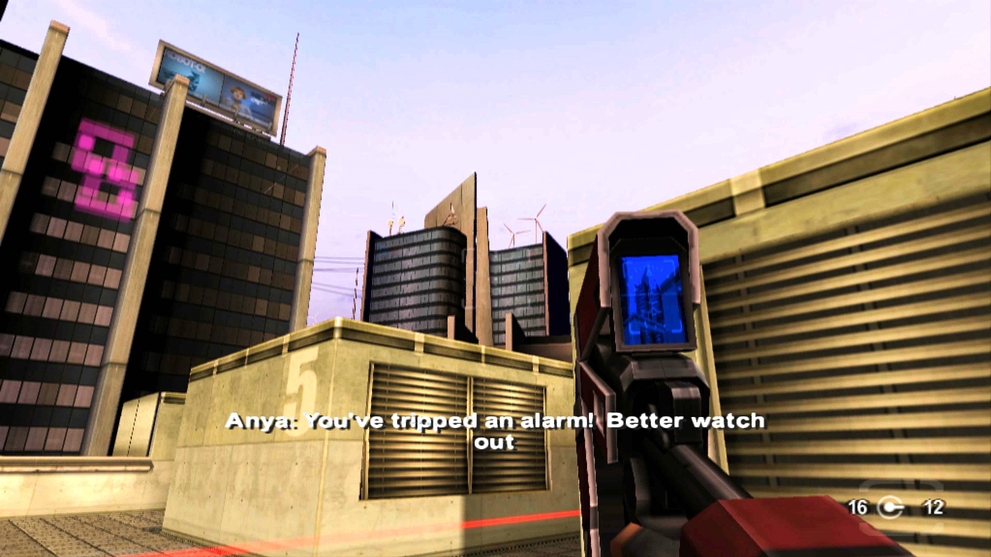 Anya (Sarah Mennell) informing Cortez (Tom Clarke Hill) that he has tripped some sort of alarm from the future in TimeSplitters: Future Perfect 2005, Electronic Arts.