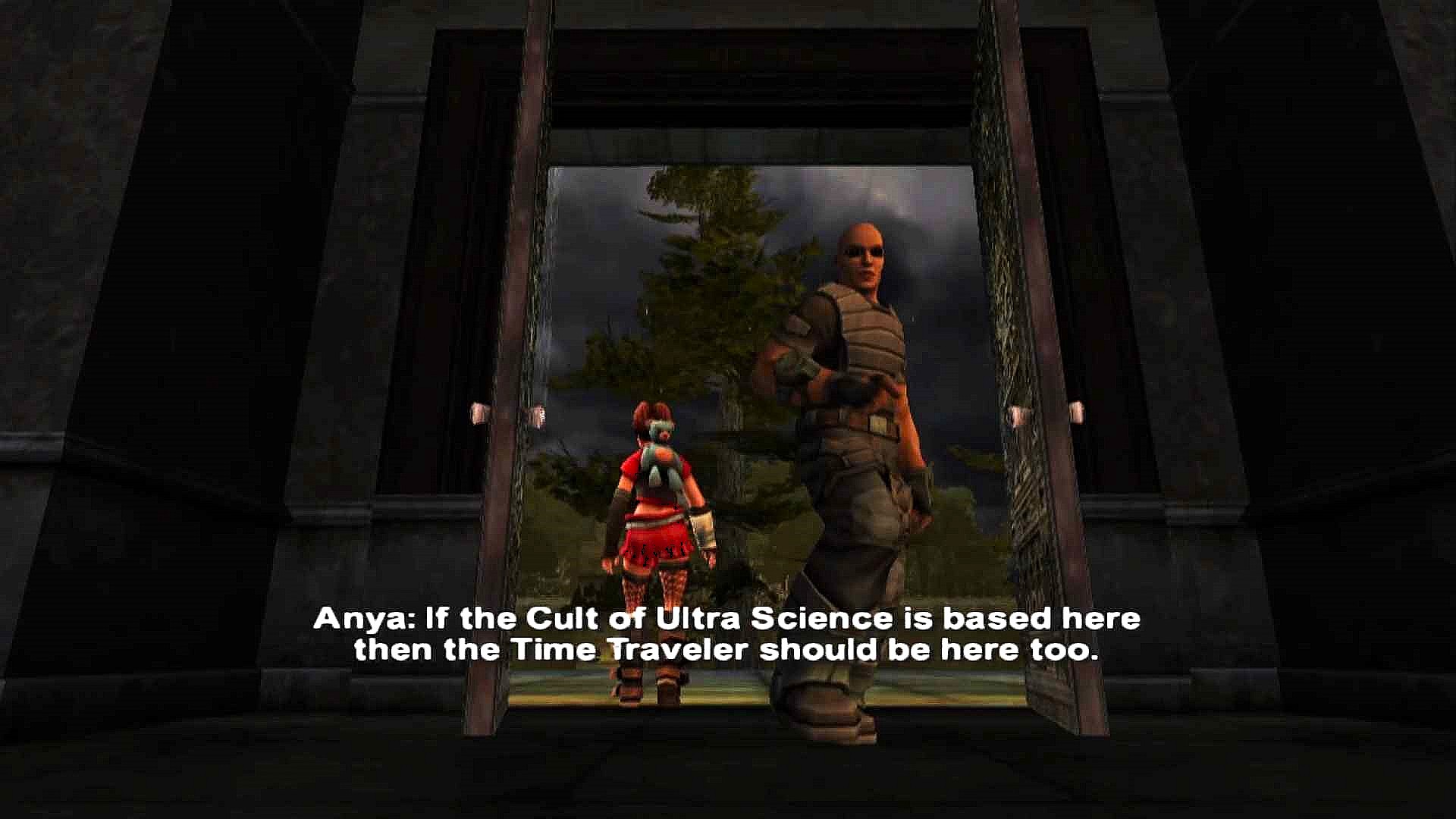 Jo-Beth (Melli Bond) and Cortez (Tom Clarke Hill) entering the spooky Brotherhood of Ultra Science mansion as Anya (Sarah Mennell) keeps them on their toes in TimeSplitters: Future Perfect 2005, Electronic Arts.