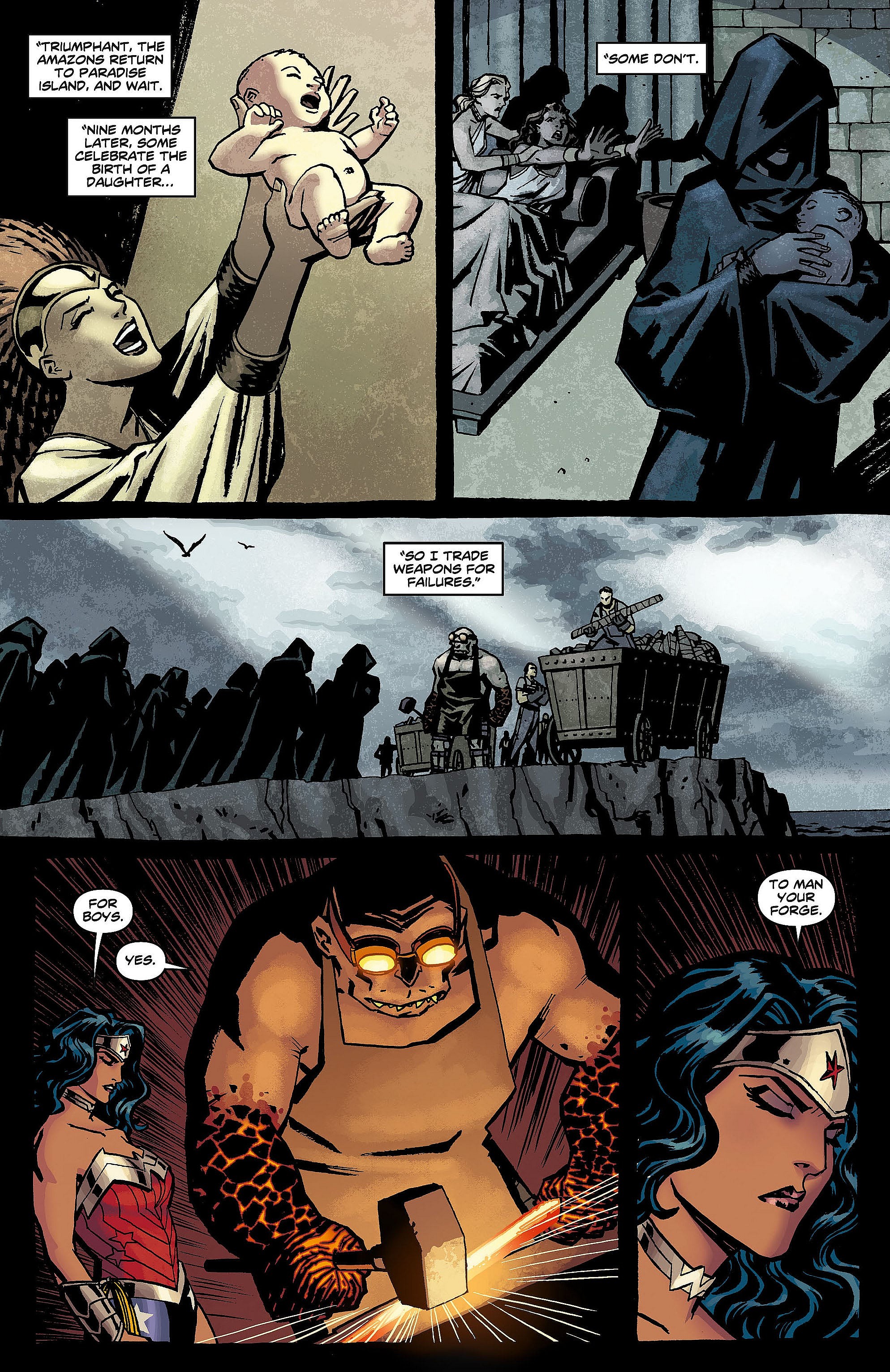 Hephaestus reveals the existence of the Sons of Themyscira in Wonder Woman Vol. 4 #7 "Il Gangster Dell'Amore" (2012), DC. Words by Brian Azzarello, art by Cliff Chiang, Matthew Wilson, and Jared K. Fletcher.