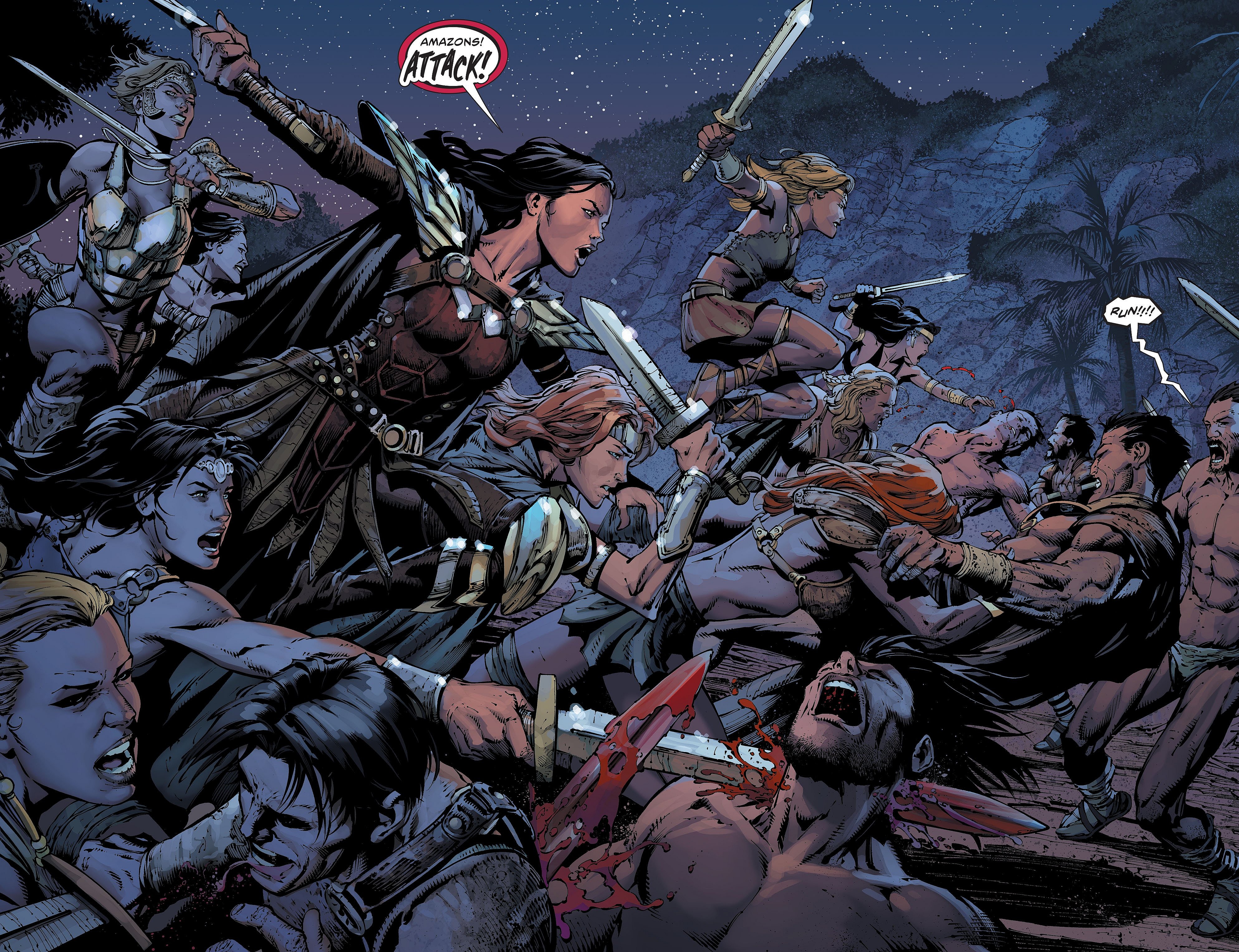 Donna Troy leads the Amazon in eradicating the Sons of Themyscira in  Wonder Woman Vol. 4 #39 "War-Torn. Chapter 5" (2015), DC. Words by Mereditch Finch, art by David Finch, Jonathan Glapion, Peter Steigerwald, and Rob Leigh.