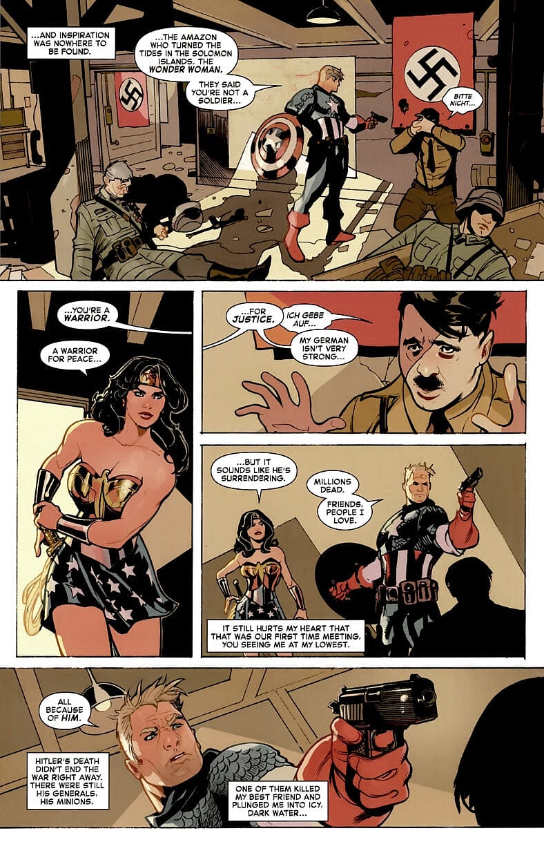 Wonder Woman attempts to talk Captain America down from shooting Hitler in Deadpool/Batman Vol. 1 #1 "The Gun and he Sword" (2025), Marvel Comics/DC. Words by Chip Zdarsky, art by Terry Dodoson, Rachel Dodson, and Joe Caramagna.