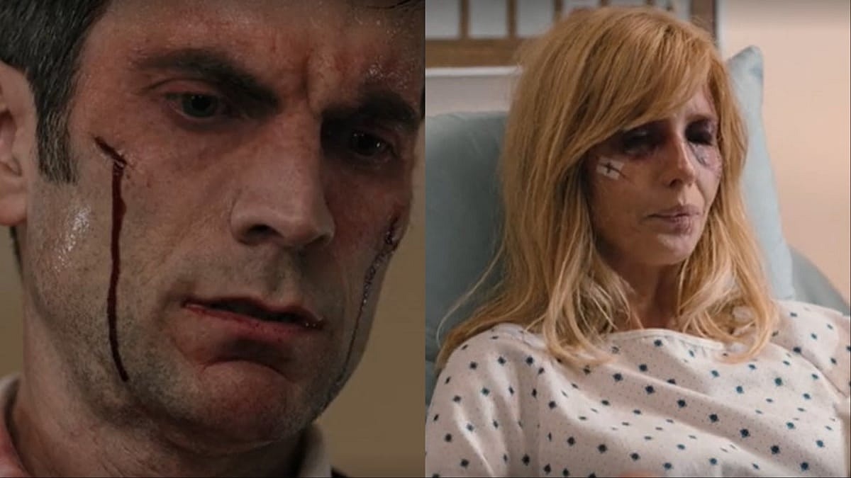 Lto R Collage: Jamie Dutton (Wes Bentley) strangling Beth Dutton/Beth Dutton (Kelly Reiley) in hospital, Yellowstone s04e14, Paramount Pictures