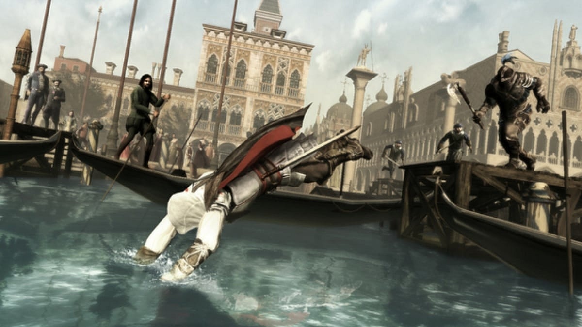 Ezio Auditore diving into the ocean to escape from Assasins in Assassins Creed II (2009), Ubisoft