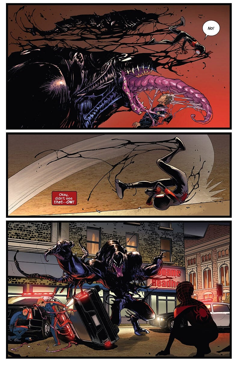Miles Morales finds himself in a desperate fight against Peter's Symbiote  in Ultimate Comics Spider-Man Vol. 1 #20 "Venom War (Part 2)"(2017), Marvel Comics. Words by Brian Michael Bendis, art by Sara Pichelli, David Messina, Justin Ponsor, and Cory Petit.
