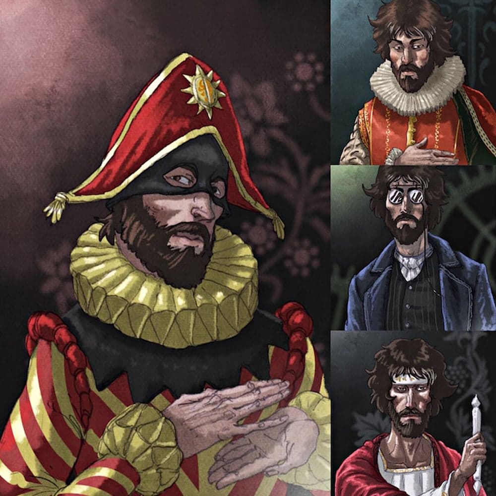 Four characters in an illustration for 'Draco Alchemicus.'