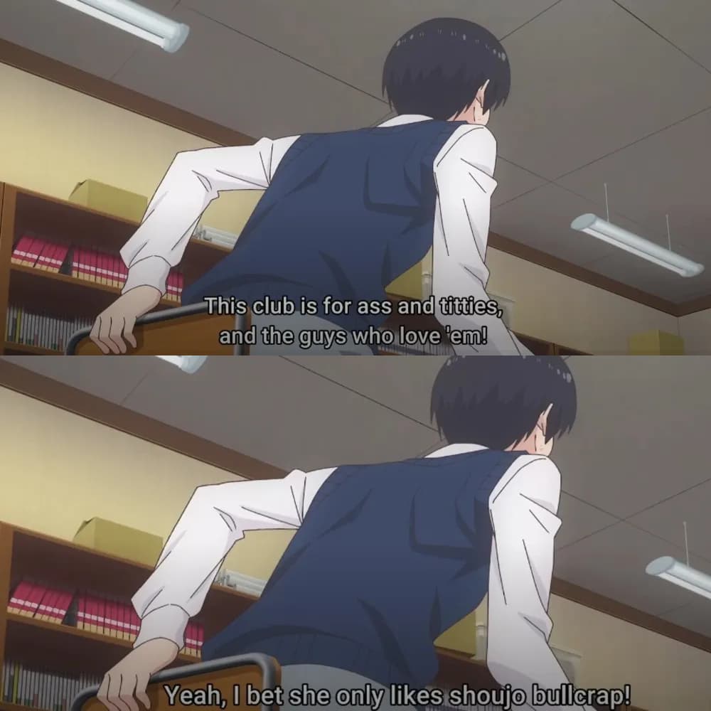 Masamune Okumura (Junya Enoki) is shocked to see Lilysa Amano (Kaori Maeda) in the manga club room in 2.5 Dimensional Seduction Episode 1 "New Student from Another Dimension" (2024), JC Staff