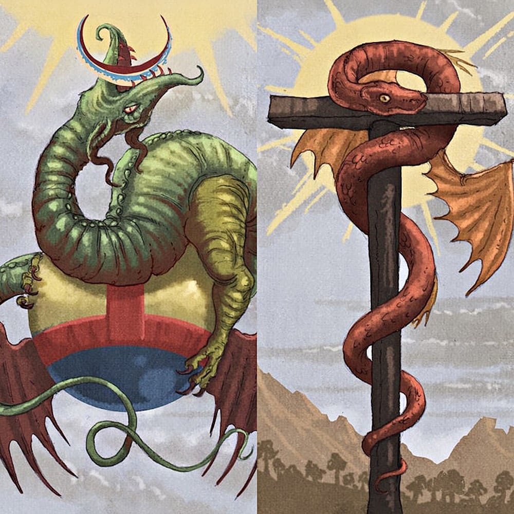 Mythical creatures in an illustration for 'Draco Alchemicus.'