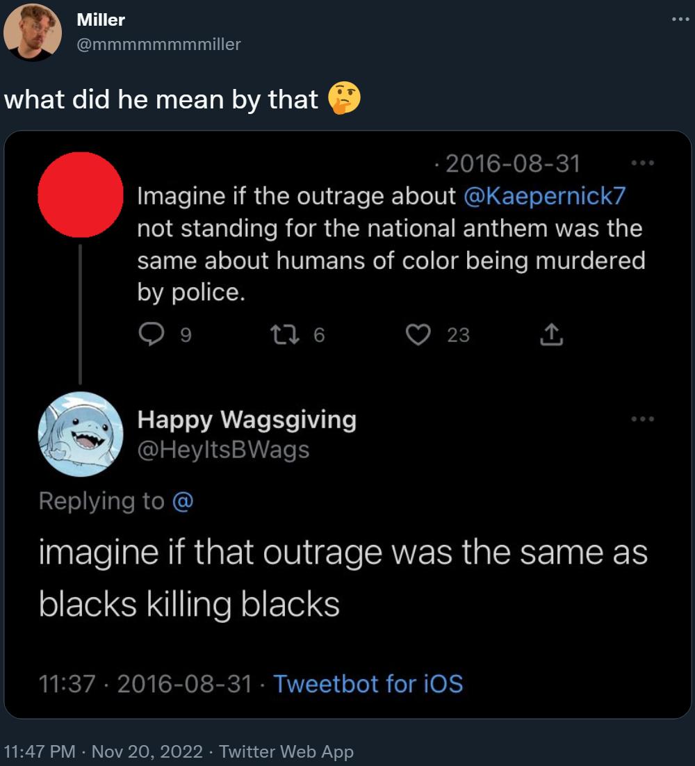 mmmmmmmmiller shares an alleged tweet by Brian Waggoner comparing the lack of outrage over black-on-black crime to Colin Kapernik taking the knee during the national anthem via Twitter