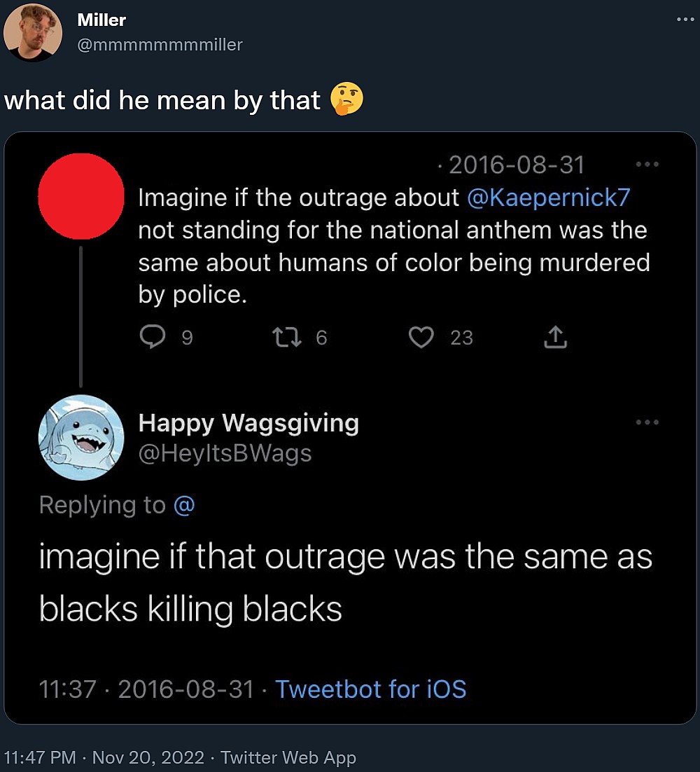 mmmmmmmmiller shares an alleged tweet by Brian Waggoner comparing the lack of outrage over black-on-black crime to Colin Kapernik taking the knee during the national anthem via Twitter