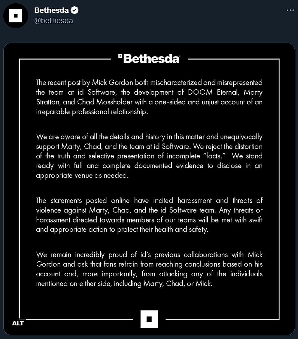 Bethesda denies the allegations made by composer Mick Gordon over the Doom Eternal OST via Twitter