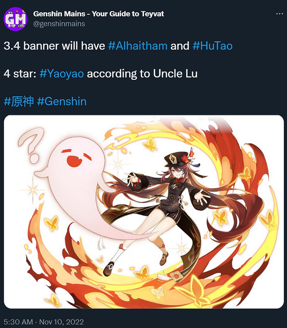Genshin Impact 3.4 Wish Banner features Alhaitham, Hu Tao, and Yaoyao according to @genshinmains