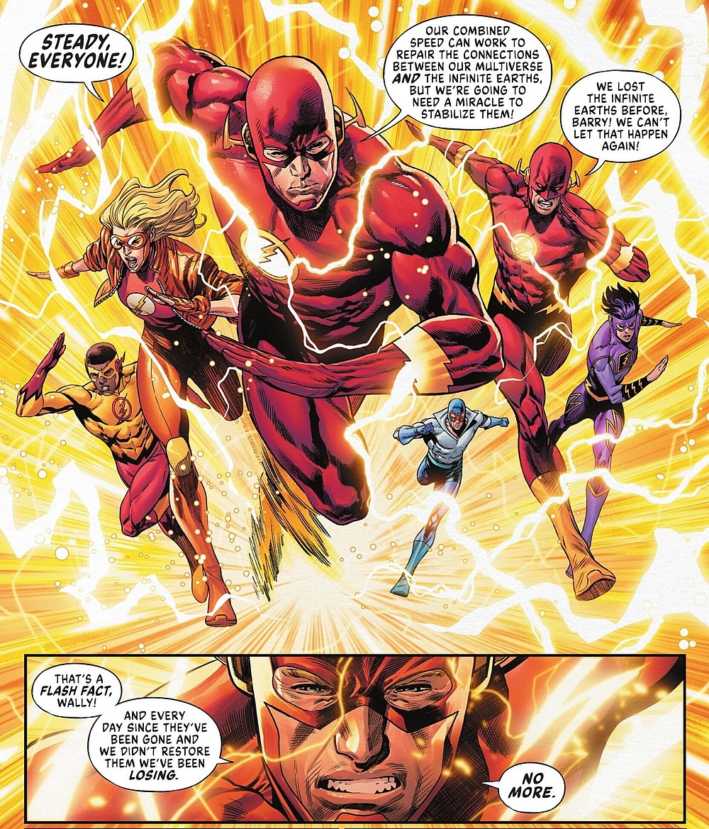The Flash Family brings the cavalry in Dark Crisis on Infinite Earths Vol. 1 #7 "Dawn of DC" (2022), DC. Words by Joshua Williamson, art by Daniel Sampere, Jack Herbert, Giuseppe Camuncoli, Cam Smith, Rafa Sandoval, Alejandro Sánchez, Alex Guimarães, Romulo Fajardo, Jr., Matt Herms and Tom Napolitano.