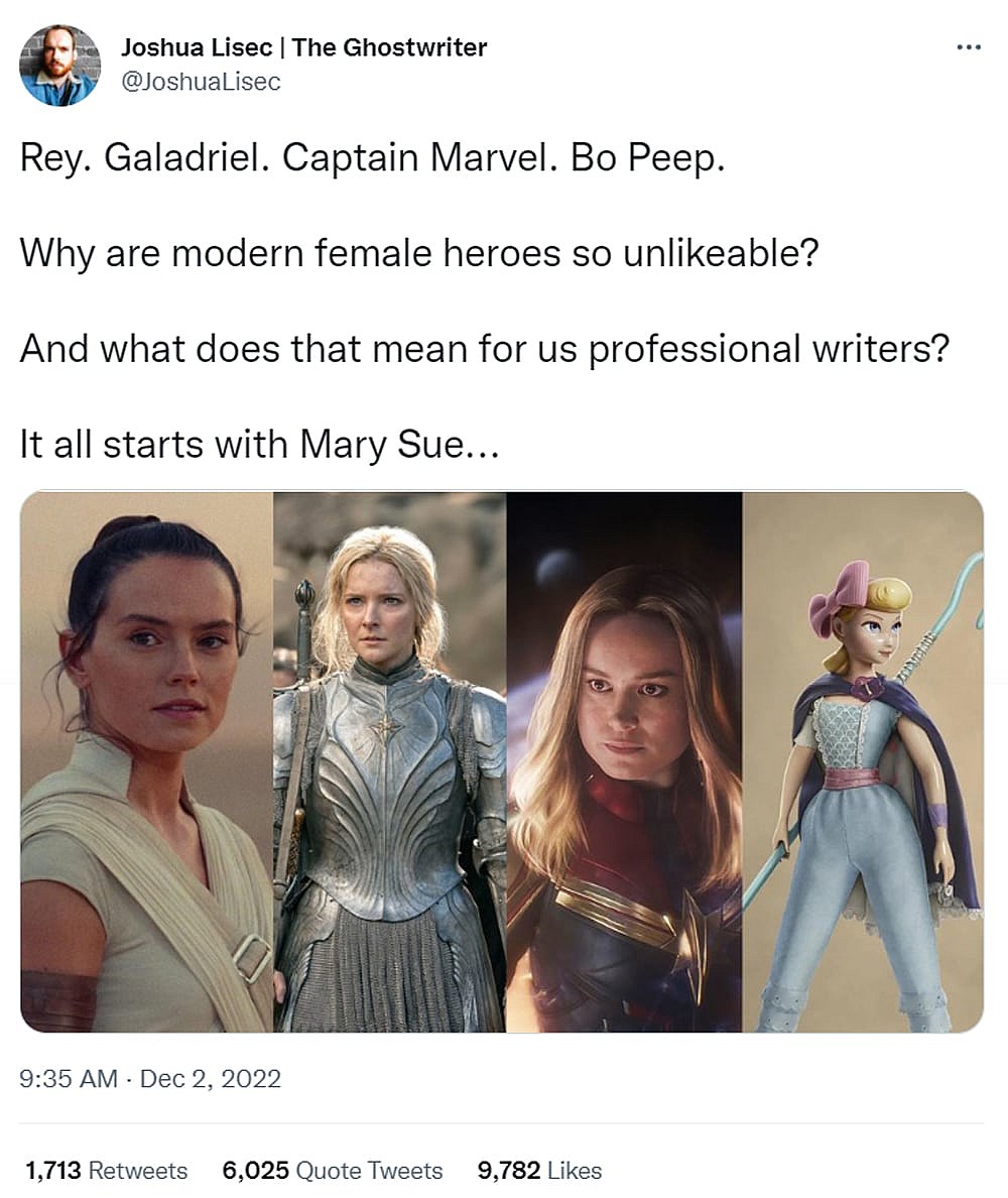 Tweet about Mary Sues from user @JoshuaLisec.