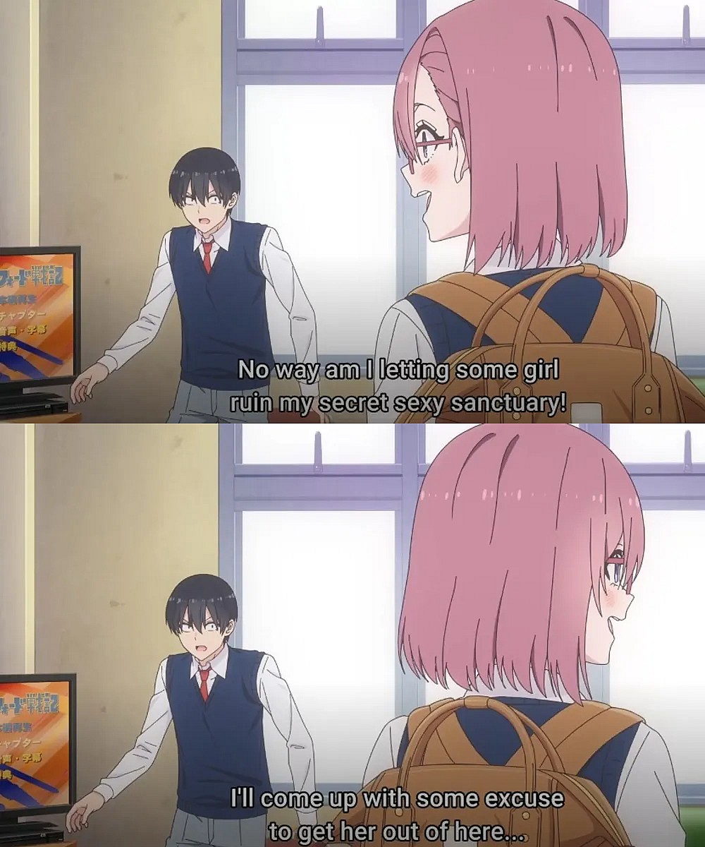 Masamune Okumura (Junya Enoki) comprehending why Lilysa Amano (Kaori Maeda) is in the manga club room in 2.5 Dimensional Seduction Episode 1 "New Student from Another Dimension" (2024), JC Staff