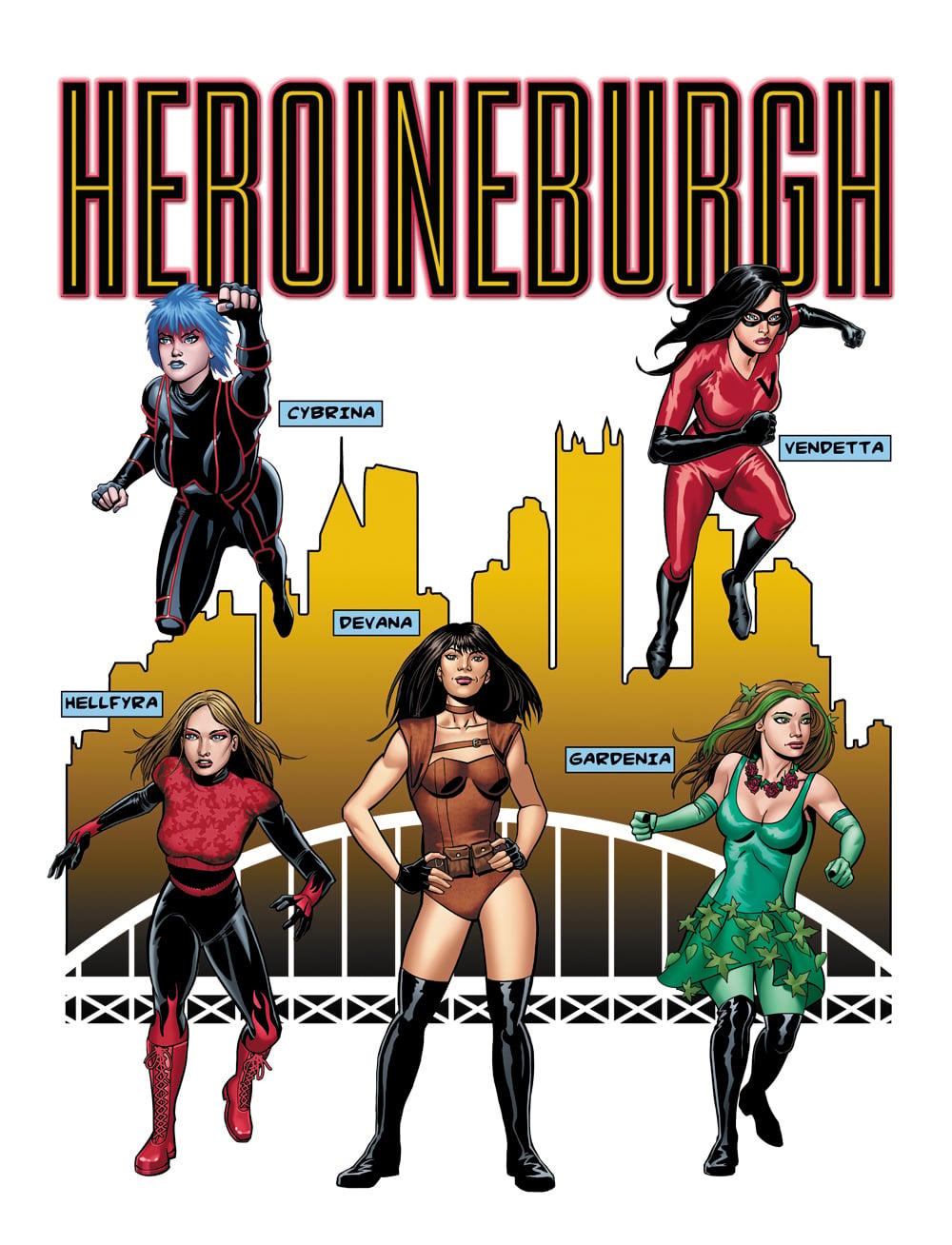 Heroineburgh graphic #1 by DC colorist Jason Wright. Depicted from Episodes 1-4 are Cybrina, Hellfyra, Gardenia, Devana and Vendetta.