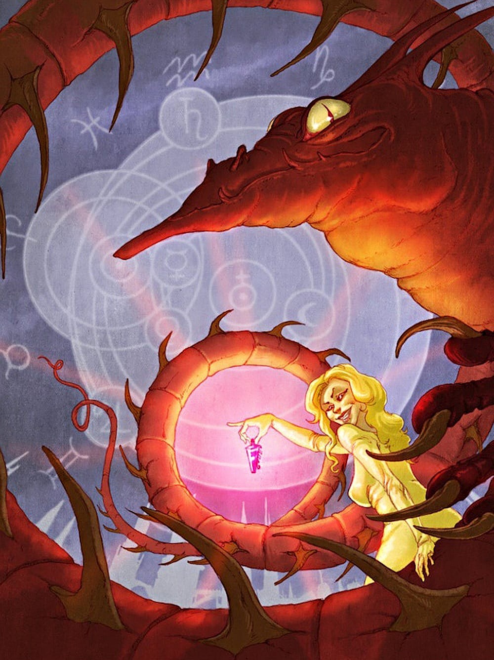 A woman and a dragon in an illustration for 'Draco Alchemicus.'