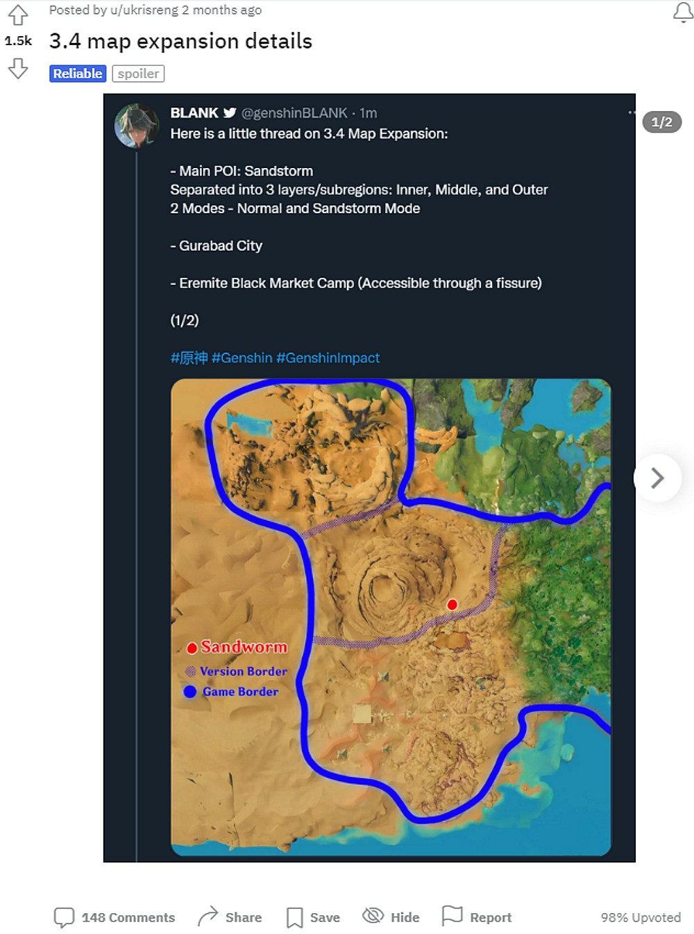 ukrisreng shares @genshinBLANK's deleted tweet regarding Genshin Impact Leak 3-4 new area via Reddit