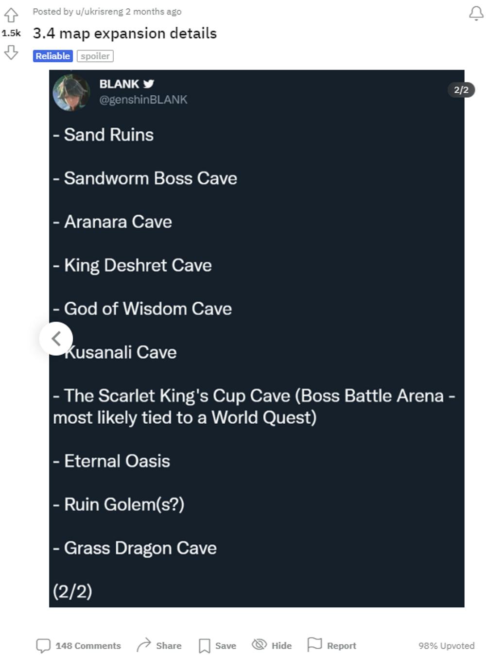 ukrisreng shares @genshinBLANK's deleted tweet regarding Genshin Impact Leak 3-4 new area via Reddit